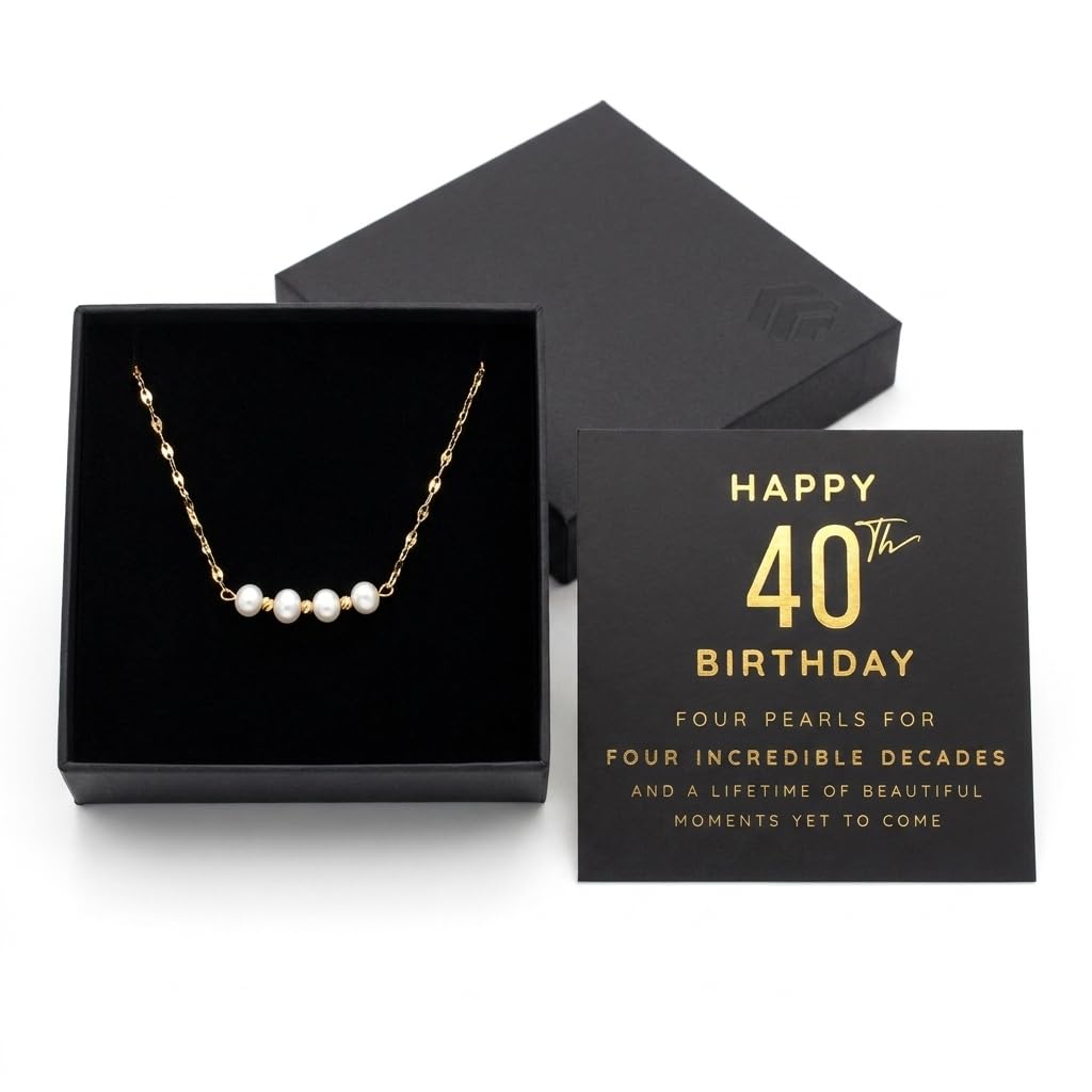 Happy 40th Birthday Four Pearl Necklace Gift Box with Card - Gift for Her - Gold Plated Stainless Steel Chain, 40th Birthday Gifts for Women Jewelry for Daughter, Sister, Best Friend