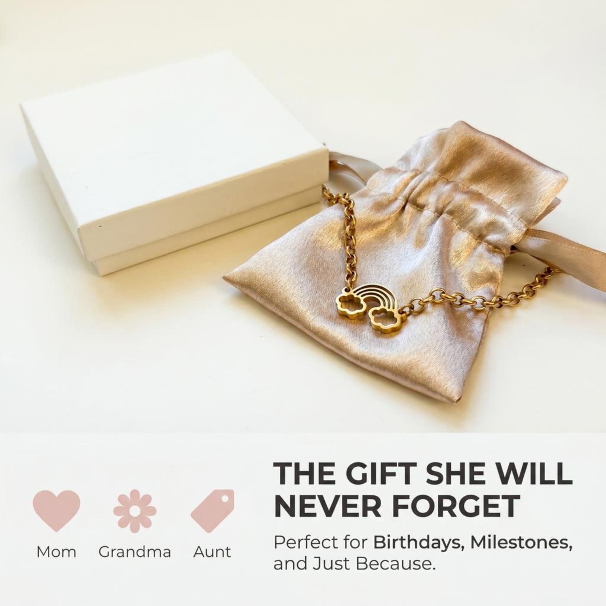Studio Rockwood Rainbow Charm Bracelet Gift Set for Girls, Adjustable 18K Gold Plated Kids Jewelry, Birthday Gift for Daughters Granddaughters Nieces with Keepsake Box and Foil Card (Beautiful)