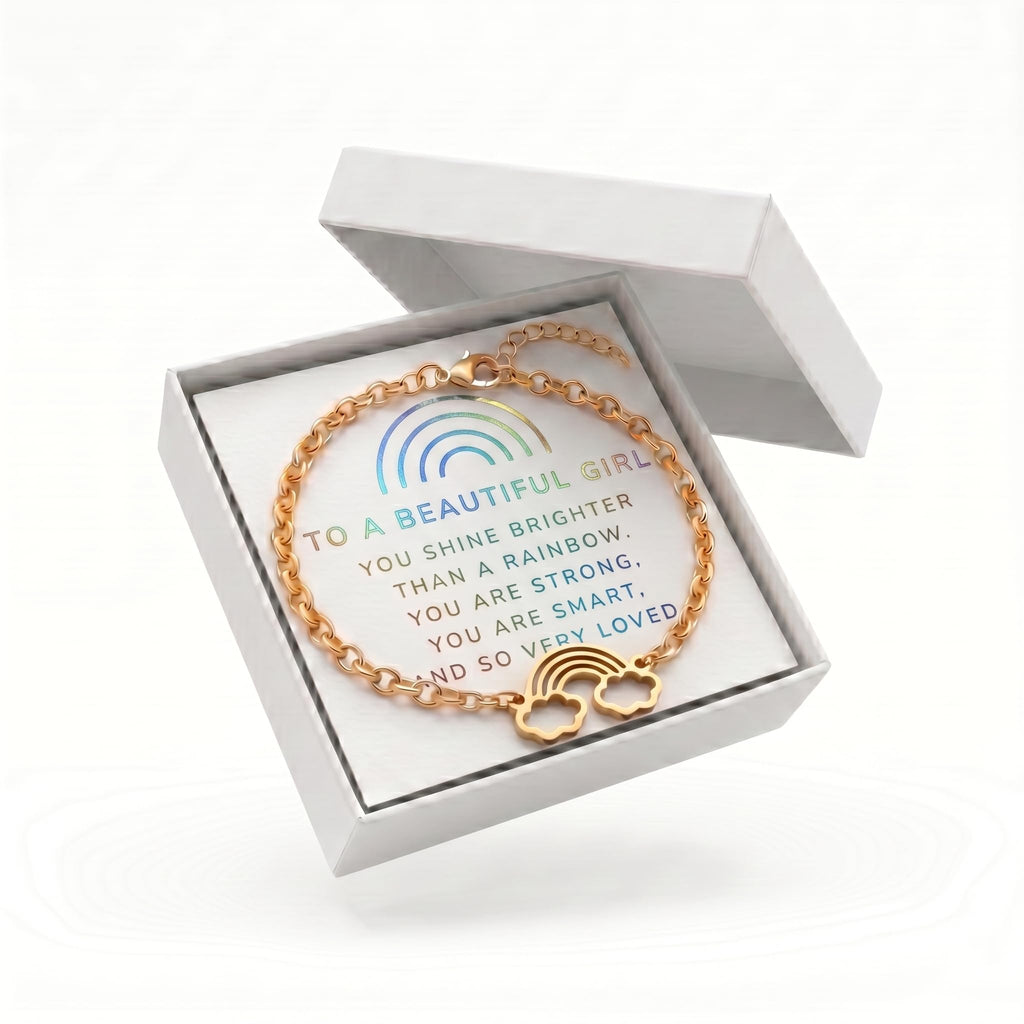Studio Rockwood Rainbow Charm Bracelet Gift Set for Girls, Adjustable 18K Gold Plated Kids Jewelry, Birthday Gift for Daughters Granddaughters Nieces with Keepsake Box and Foil Card (Beautiful)