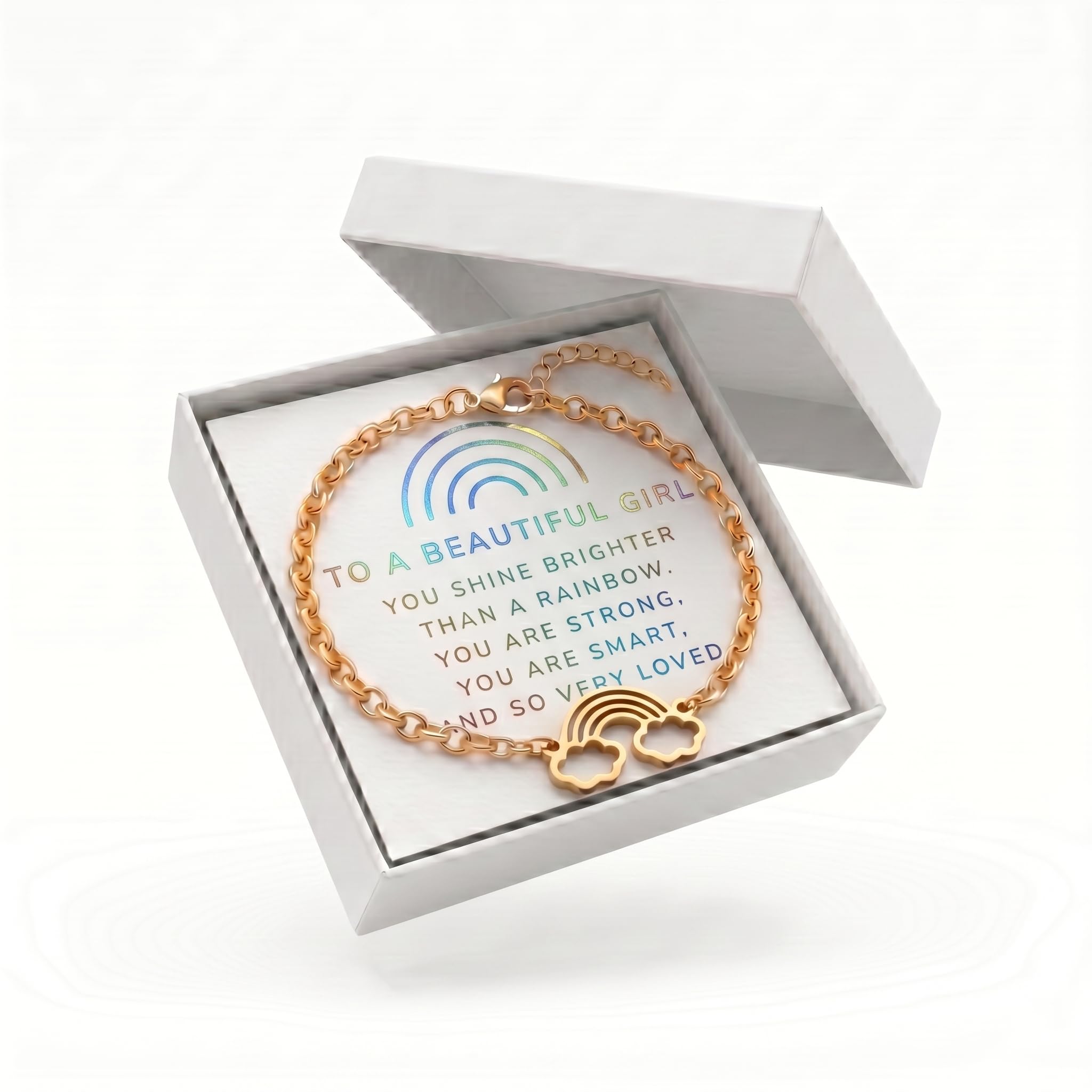 Studio Rockwood Rainbow Charm Bracelet Gift Set for Girls, Adjustable 18K Gold Plated Kids Jewelry, Birthday Gift for Daughters Granddaughters Nieces with Keepsake Box and Foil Card (Beautiful)