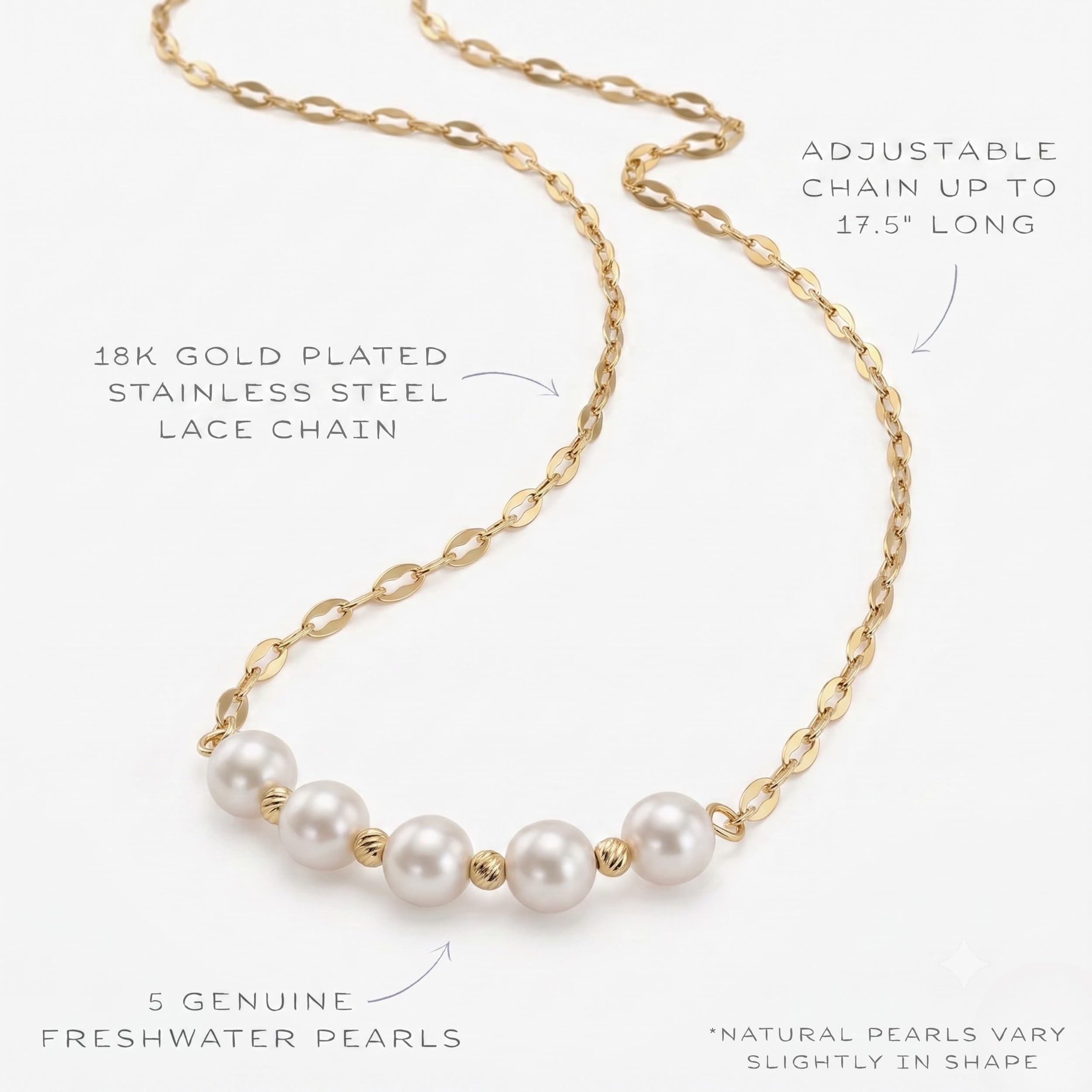 Happy 50th Birthday Five Pearl Necklace, Gold Plated Stainless Steel