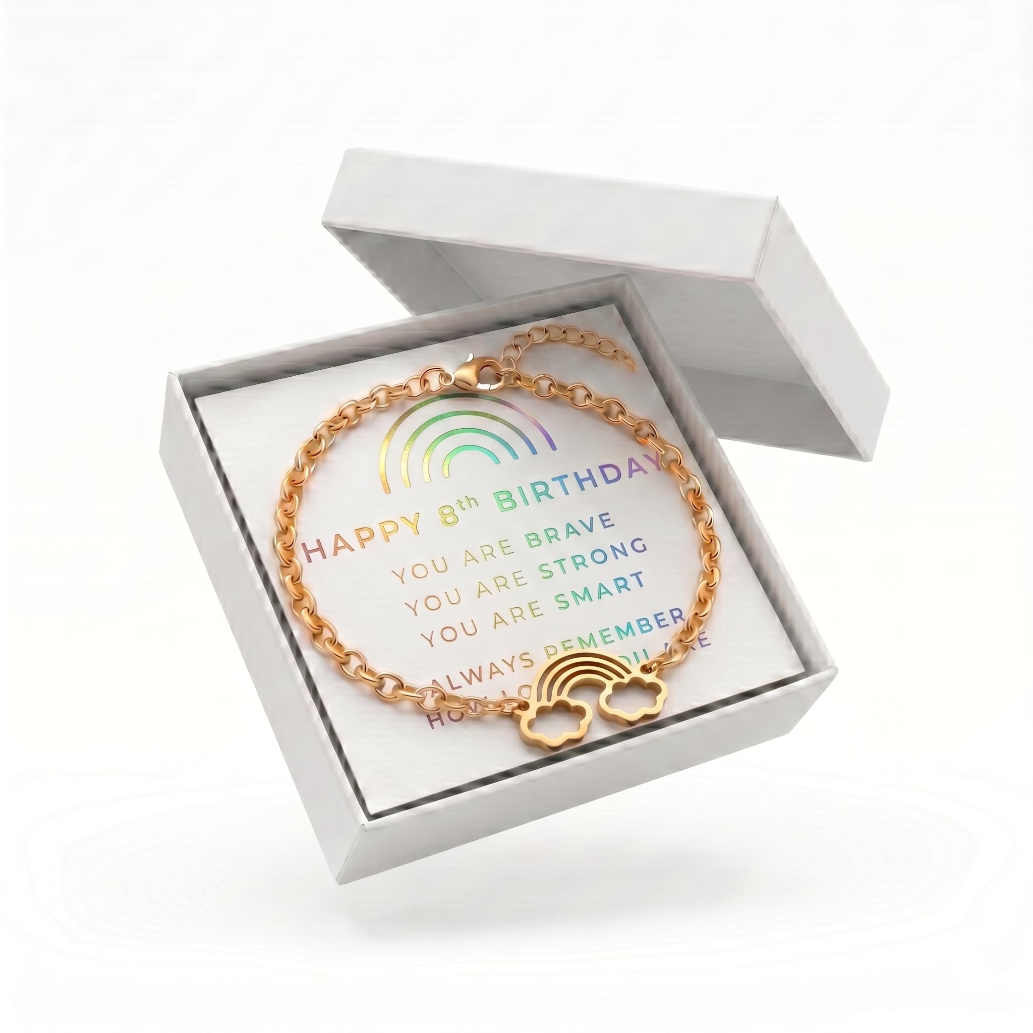 Studio Rockwood Rainbow Charm Bracelet Gift Set for Girls, Adjustable 18K Gold Plated Kids Jewelry, Birthday Gift for Daughters Granddaughters Nieces with Keepsake Box and Foil Card (8th Birthday)