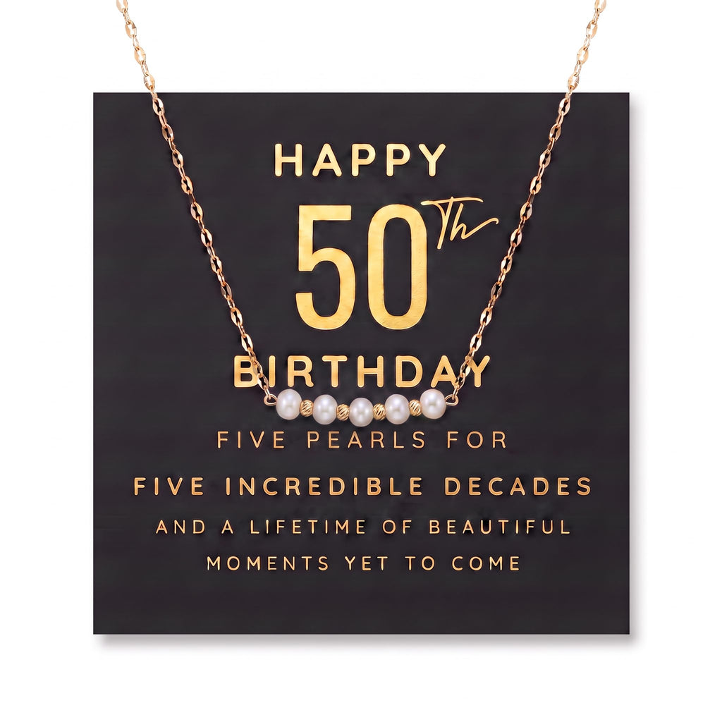 Happy 50th Birthday Five Pearl Necklace, Gold Plated Stainless Steel