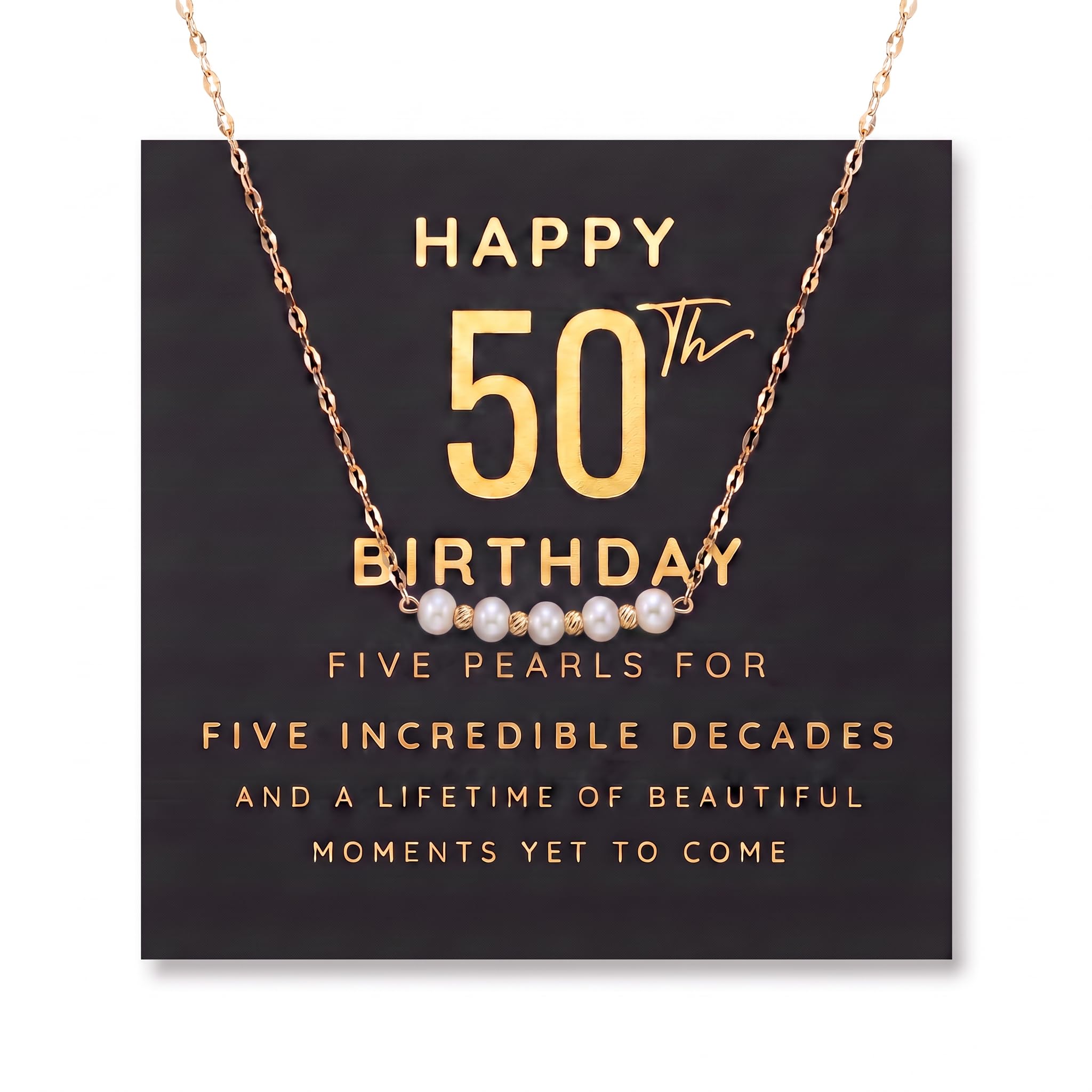 Happy 50th Birthday Five Pearl Necklace, Gold Plated Stainless Steel