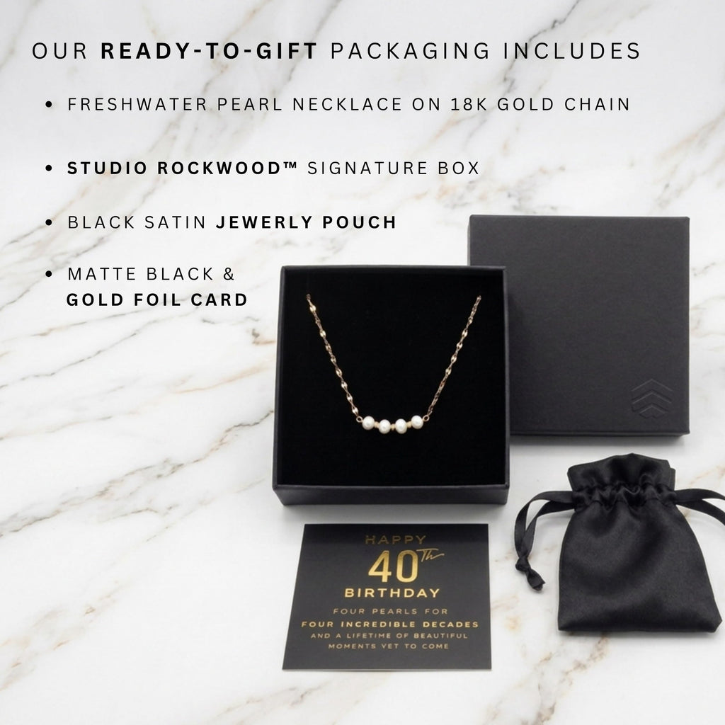 Happy 40th Birthday Four Pearl Necklace Gift Box with Card - Gift for Her - Gold Plated Stainless Steel Chain, 40th Birthday Gifts for Women Jewelry for Daughter, Sister, Best Friend