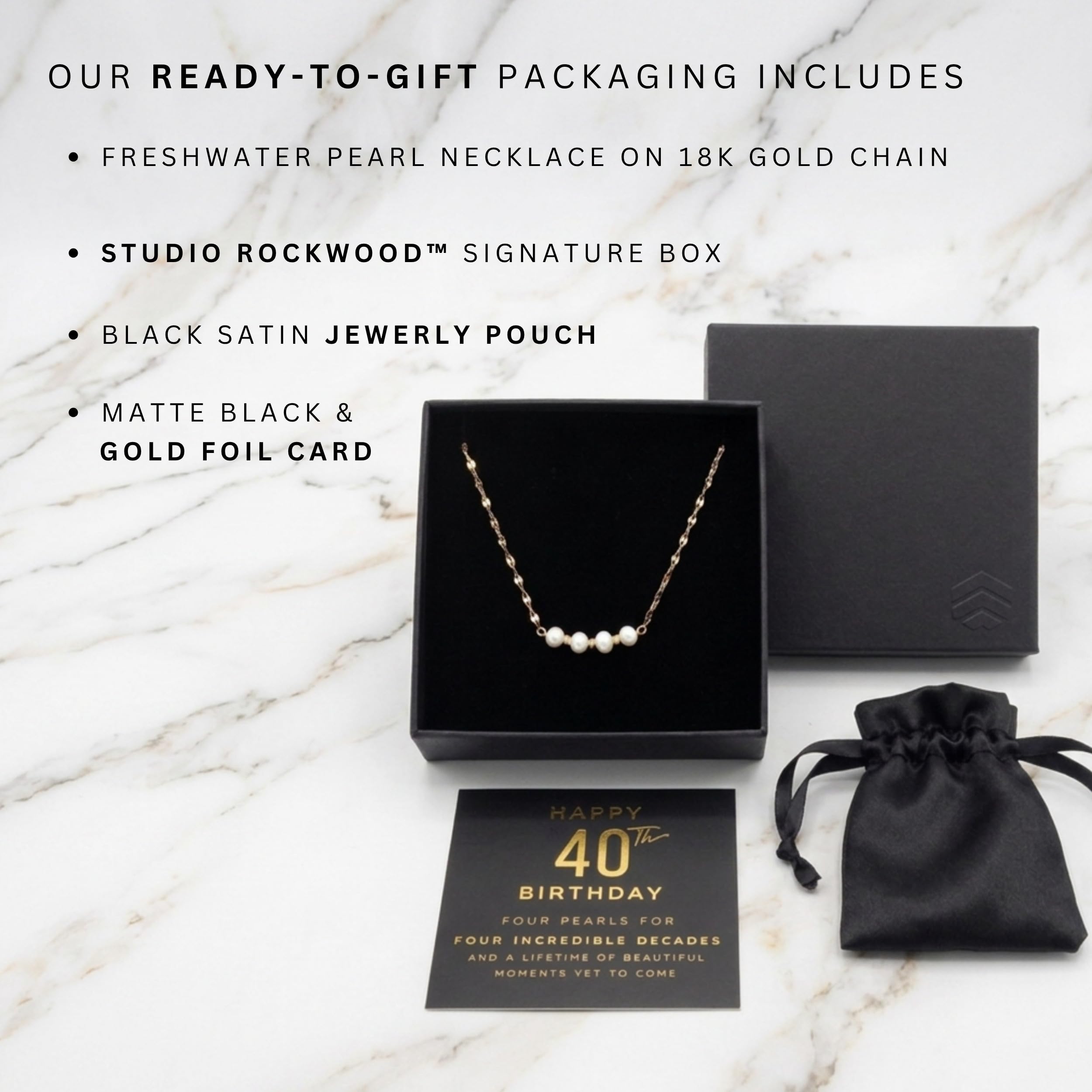 Happy 40th Birthday Four Pearl Necklace Gift Box with Card - Gift for Her - Gold Plated Stainless Steel Chain, 40th Birthday Gifts for Women Jewelry for Daughter, Sister, Best Friend