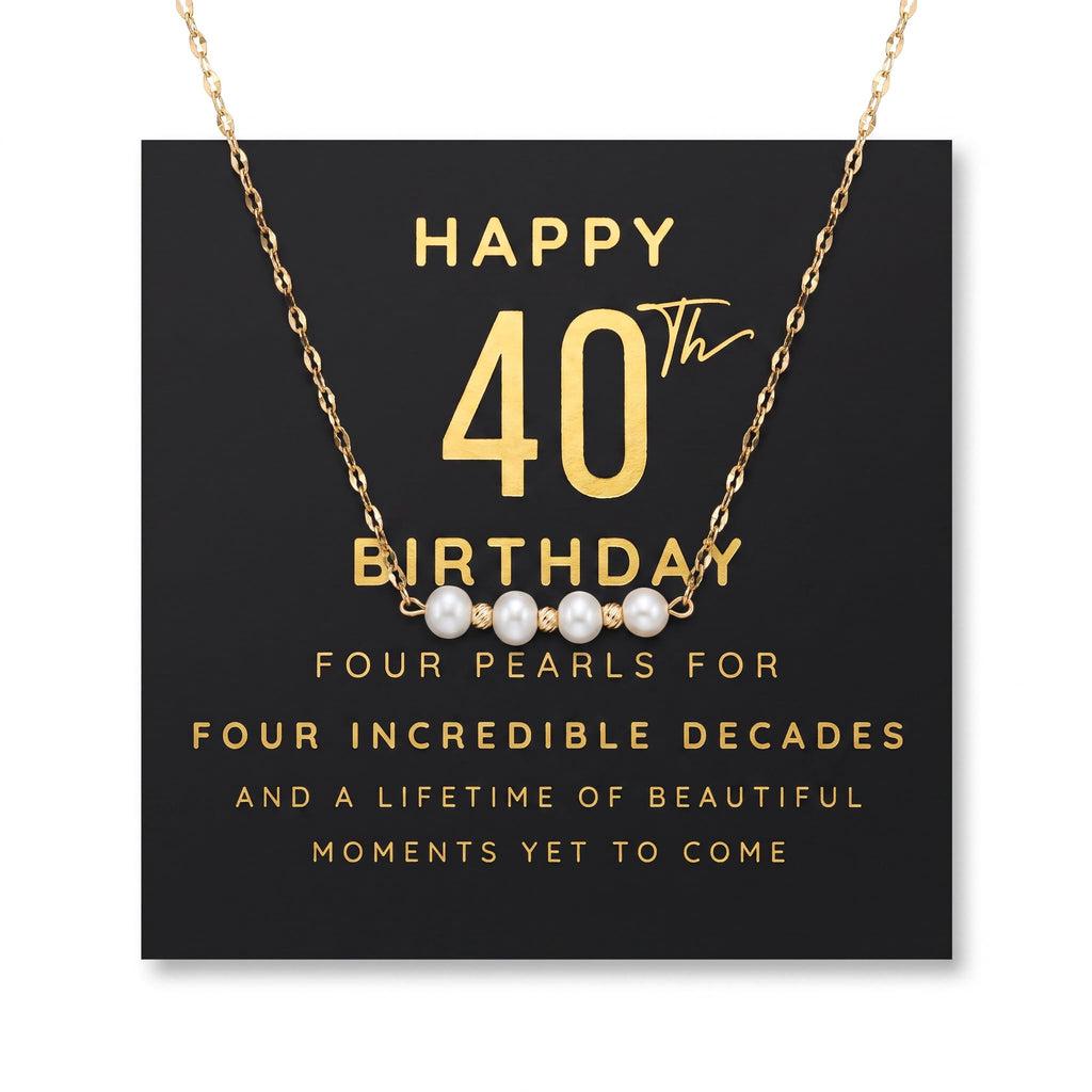 Happy 40th Birthday Four Pearl Necklace Gift Box with Card - Gift for Her - Gold Plated Stainless Steel Chain, 40th Birthday Gifts for Women Jewelry for Daughter, Sister, Best Friend