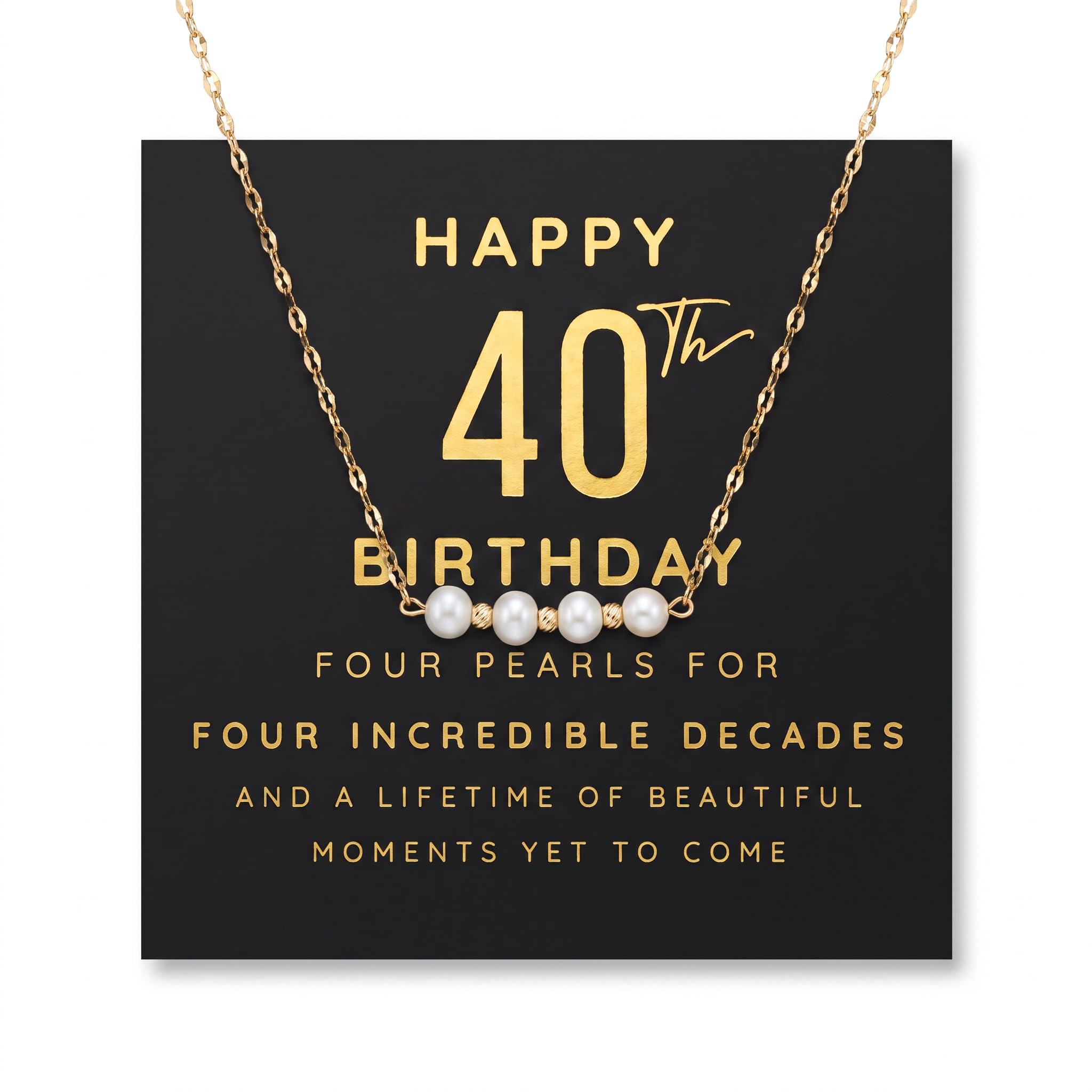 Happy 40th Birthday Four Pearl Necklace Gift Box with Card - Gift for Her - Gold Plated Stainless Steel Chain, 40th Birthday Gifts for Women Jewelry for Daughter, Sister, Best Friend