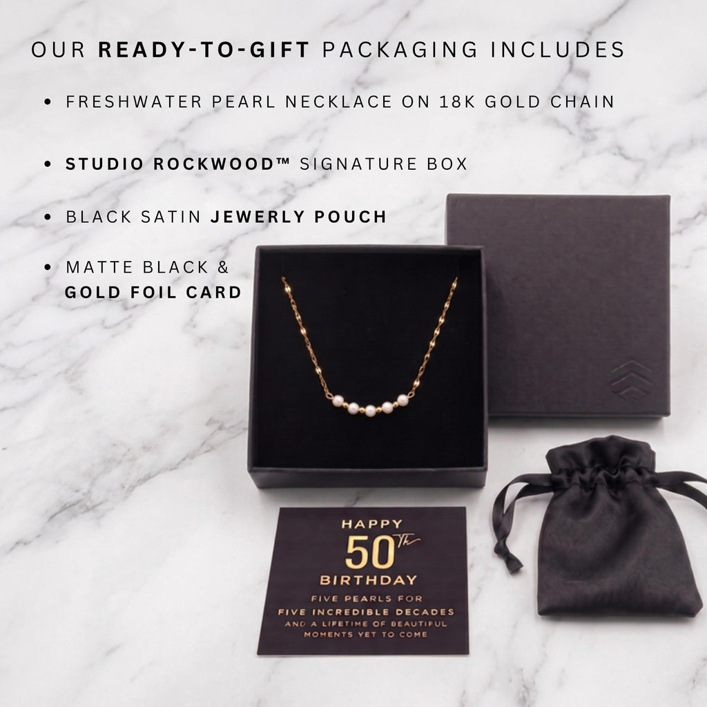 Happy 50th Birthday Five Pearl Necklace, Gold Plated Stainless Steel