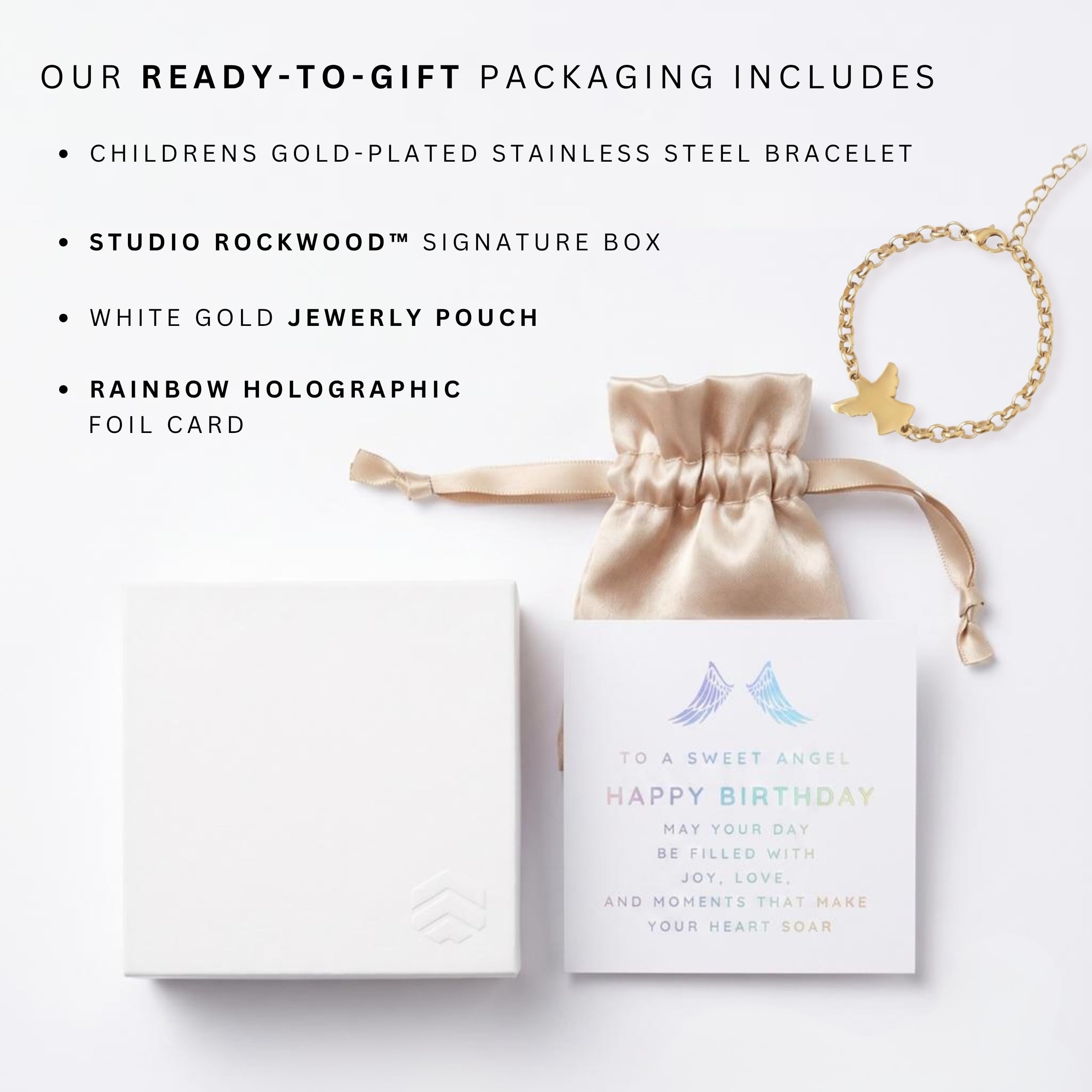 Studio Rockwood Angel Charm Bracelet for Girls Gift Set, Adjustable 18K Gold Plated, Hypoallergenic Kids Jewelry, First Communion Baptism Birthday Gift with Box and Card (Happy Birthday)