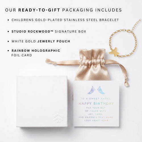 Studio Rockwood Angel Charm Bracelet for Girls Gift Set, Adjustable 18K Gold Plated, Hypoallergenic Kids Jewelry, First Communion Baptism Birthday Gift with Box and Card (Happy Birthday)
