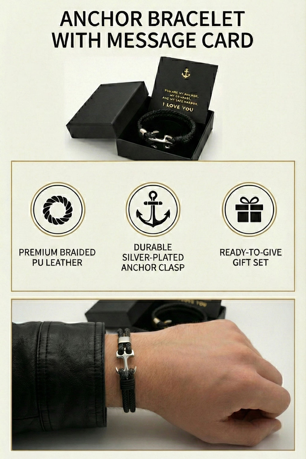Anchor Bracelet with Message Card - “You Are My Anchor” Romantic Gift Box for Husband, Boyfriend, Fiancé -Anniversary & Valentine’s Day Jewelry