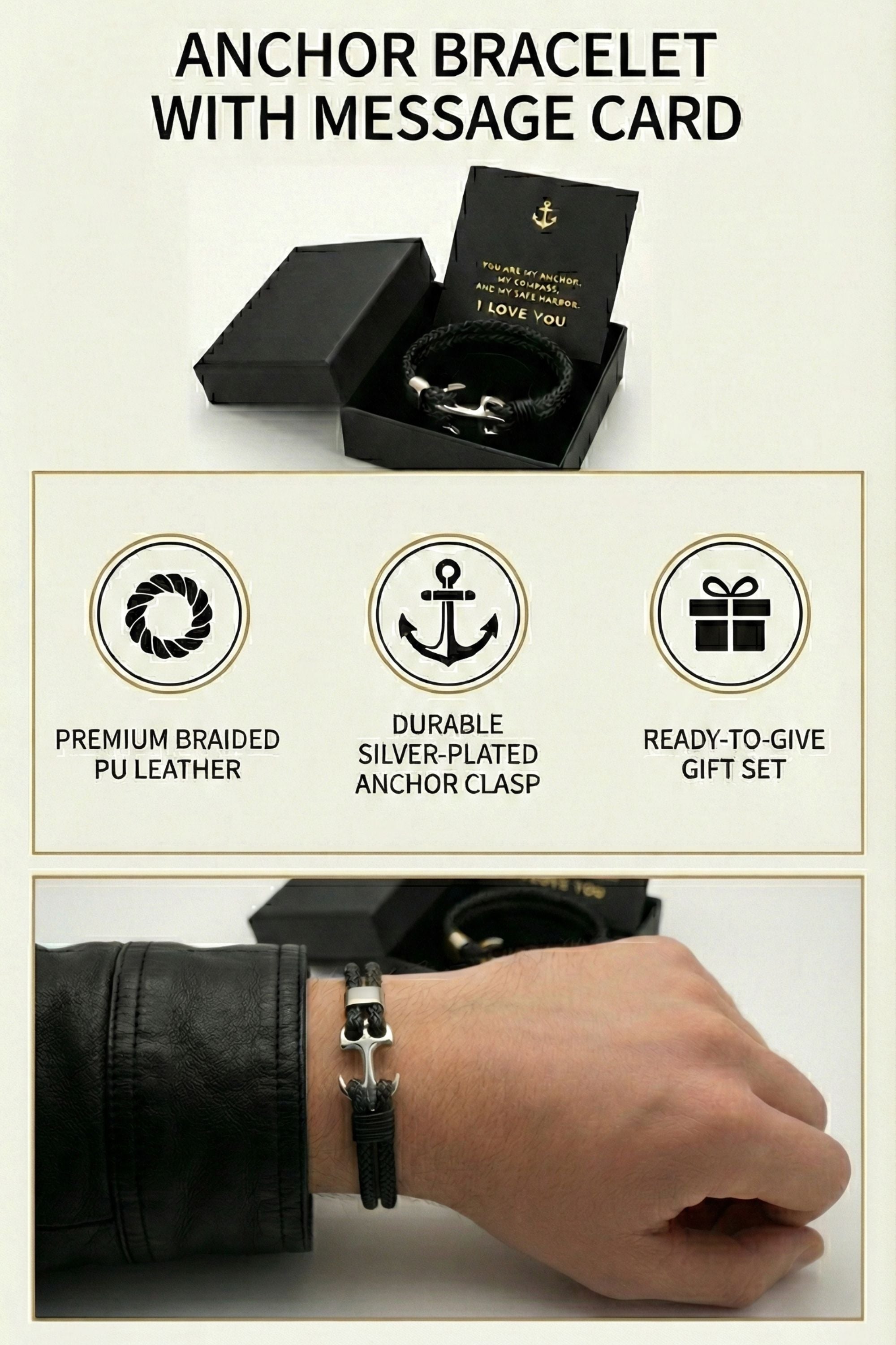 Anchor Bracelet with Message Card - “You Are My Anchor” Romantic Gift Box for Husband, Boyfriend, Fiancé -Anniversary & Valentine’s Day Jewelry