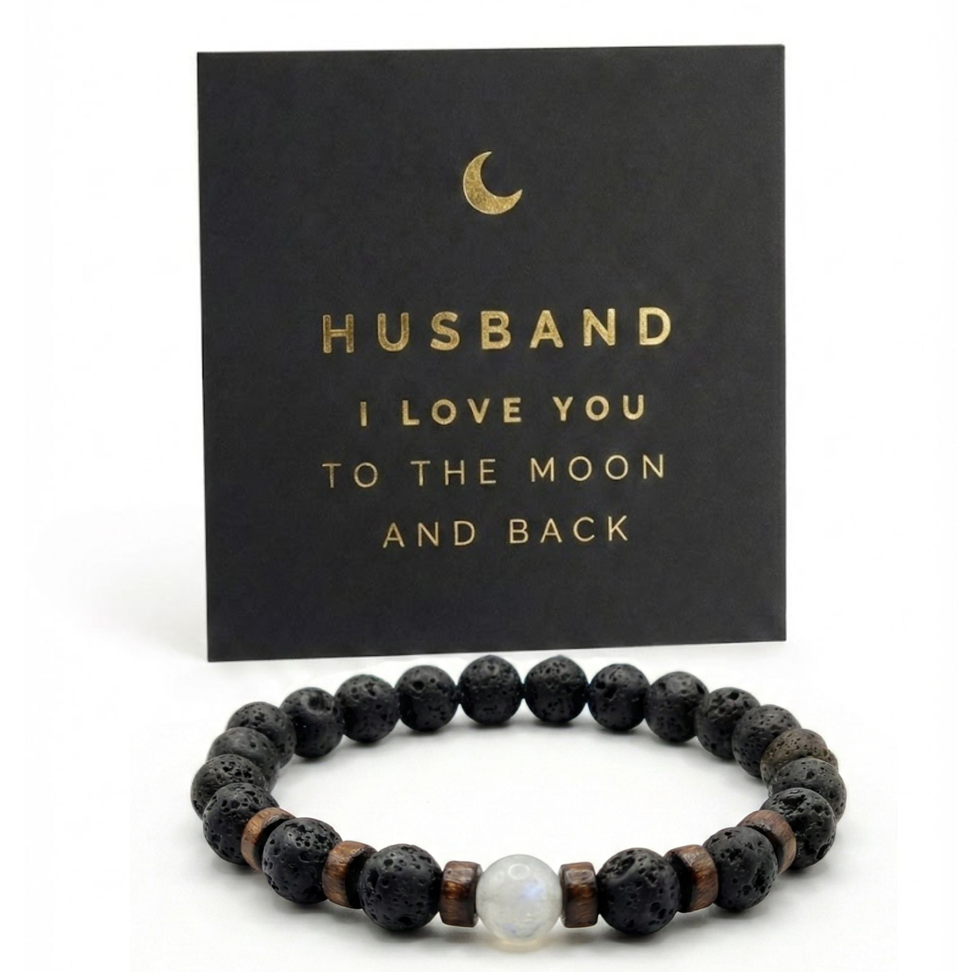 Father's Day Mens Lava Stone Bead Bracelet Gift Box with Card, "Love You to The Moon and Back"