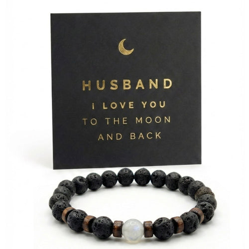 Father's Day Mens Lava Stone Bead Bracelet Gift Box with Card, "Love You to The Moon and Back"