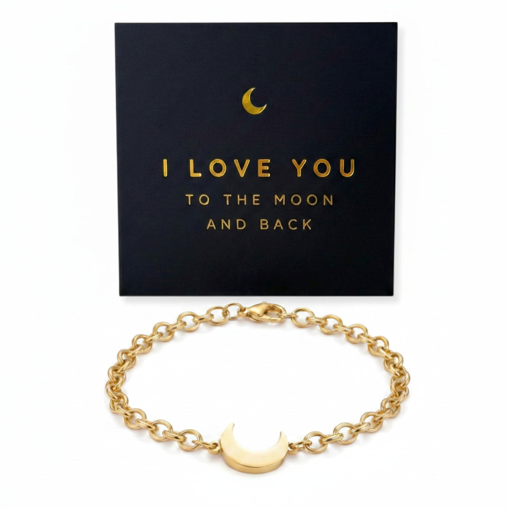 Gold Moon Bracelet for Women - "I Love You" Gift - Hypoallergenic Stainless Steel Crescent Charm Jewelry