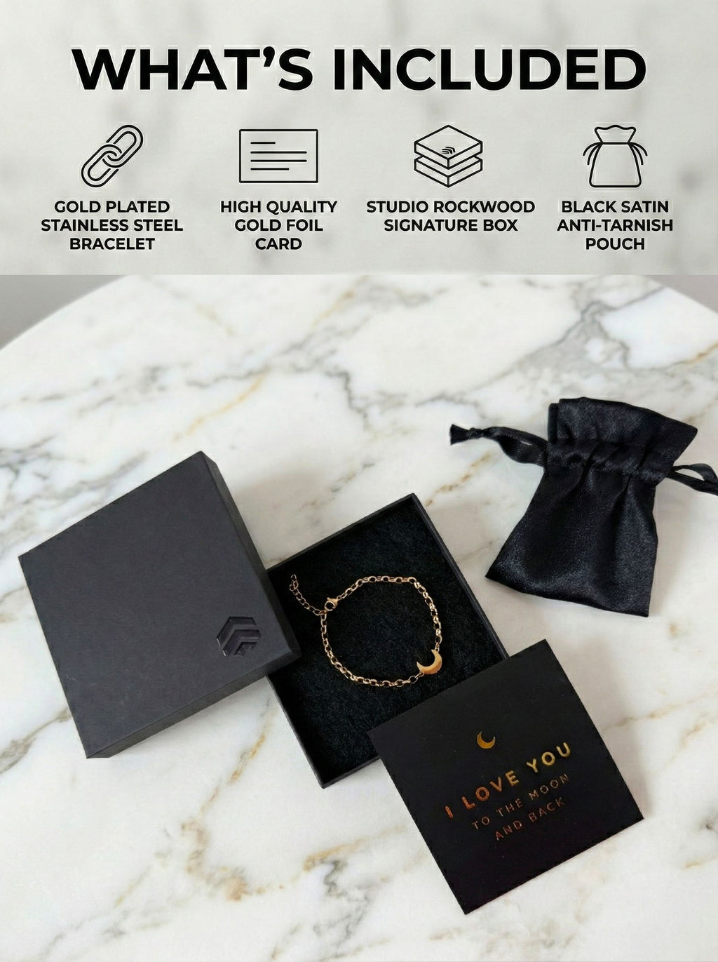 Gold Moon Bracelet for Women - "I Love You" Gift - Hypoallergenic Stainless Steel Crescent Charm Jewelry