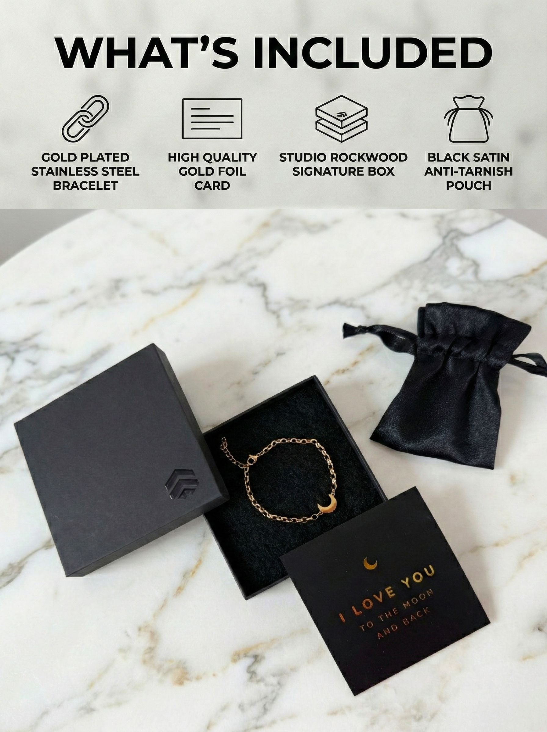 Gold Moon Bracelet for Women - "I Love You" Gift - Hypoallergenic Stainless Steel Crescent Charm Jewelry