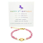 Heart Charm Girls Bracelet Birthday Gift with Box and Card, Pink Tourmaline and Moonstone Beaded with Gold Heart Charm
