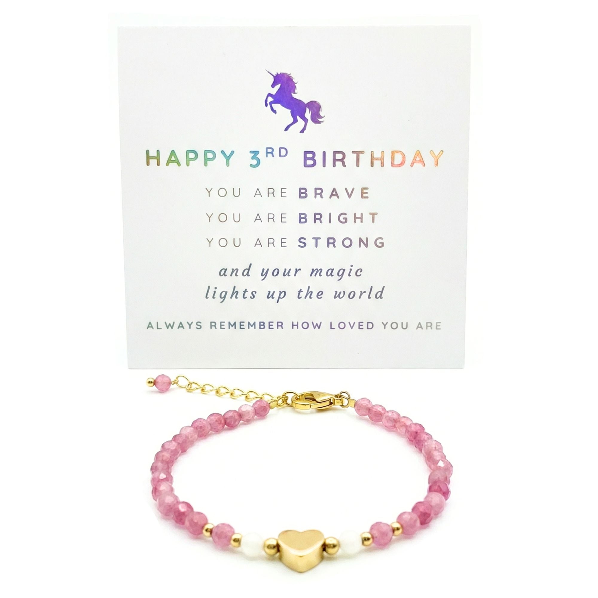 Heart Charm Girls Bracelet Birthday Gift with Box and Card, Pink Tourmaline and Moonstone Beaded with Gold Heart Charm