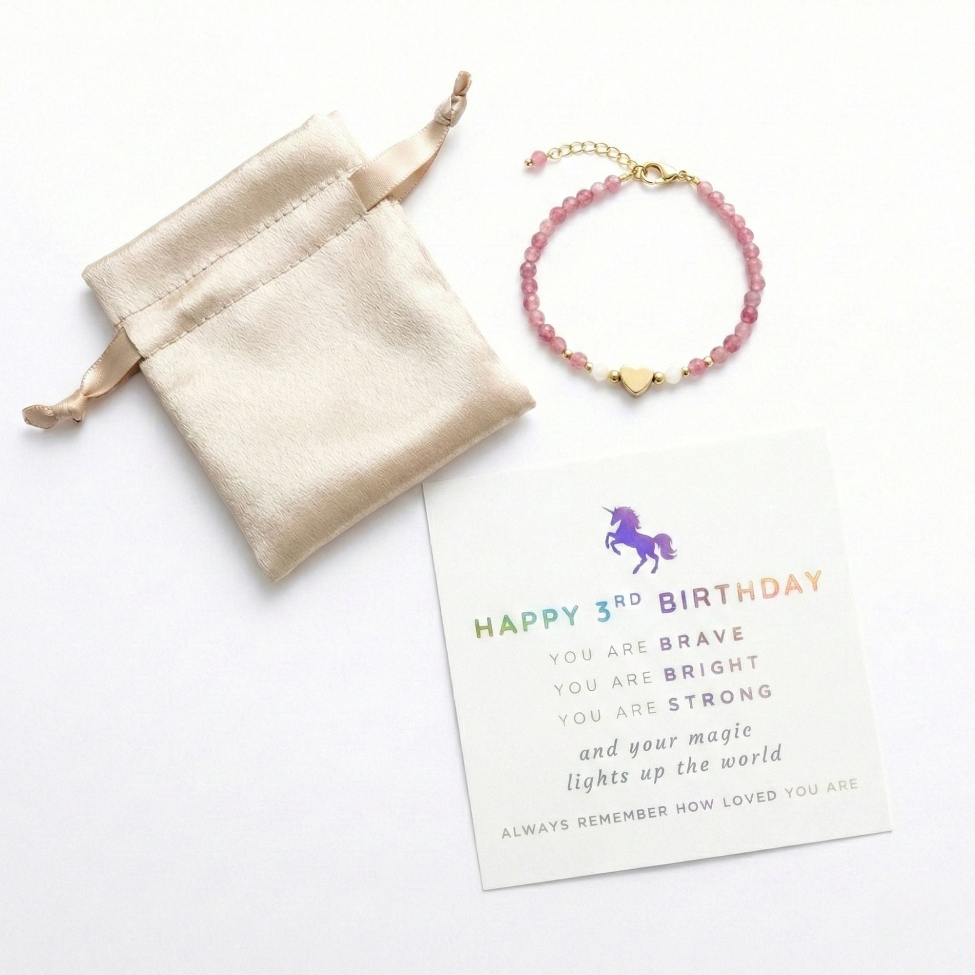 Heart Charm Girls Bracelet Birthday Gift with Box and Card, Pink Tourmaline and Moonstone Beaded with Gold Heart Charm