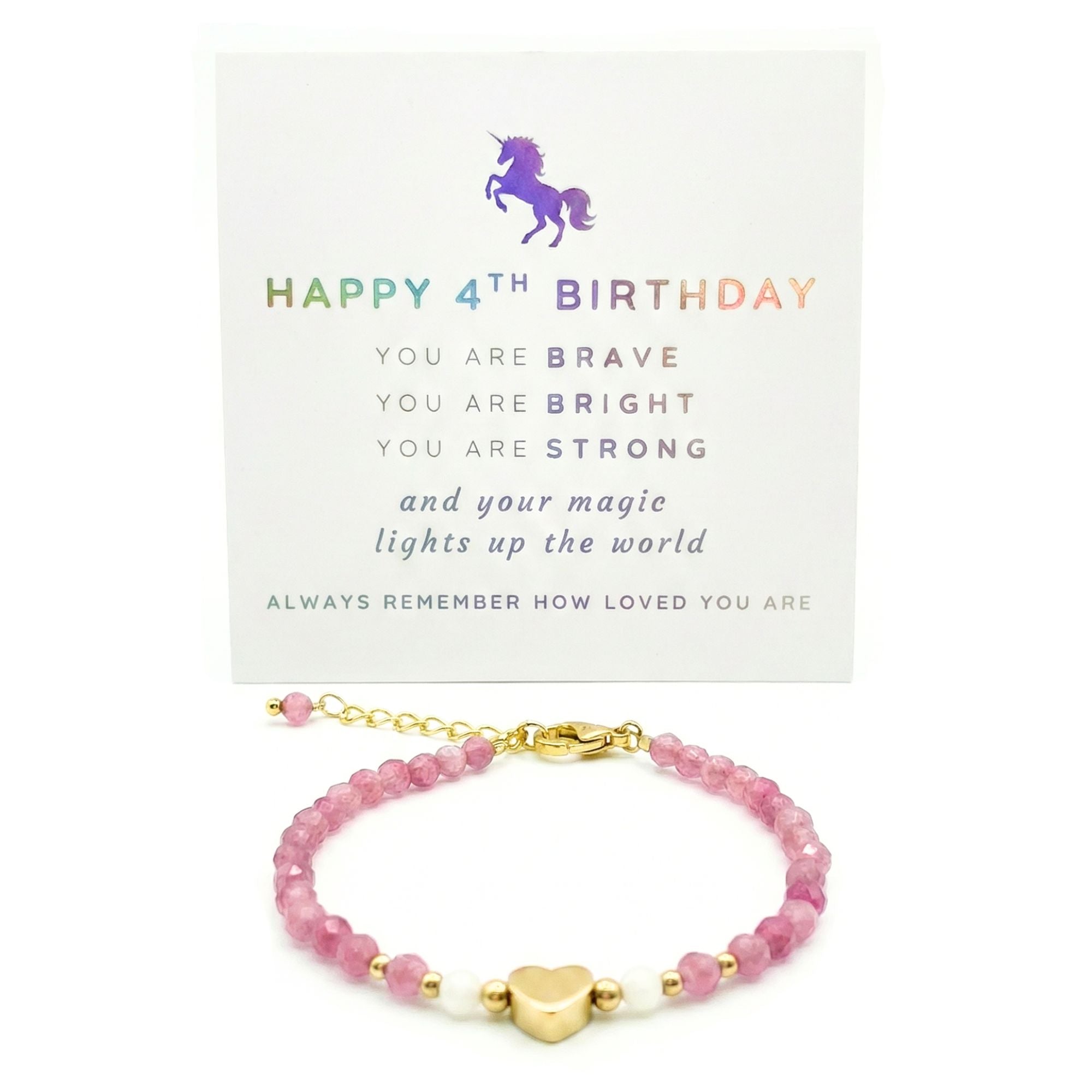 Heart Charm Girls Bracelet Birthday Gift with Box and Card, Pink Tourmaline and Moonstone Beaded with Gold Heart Charm