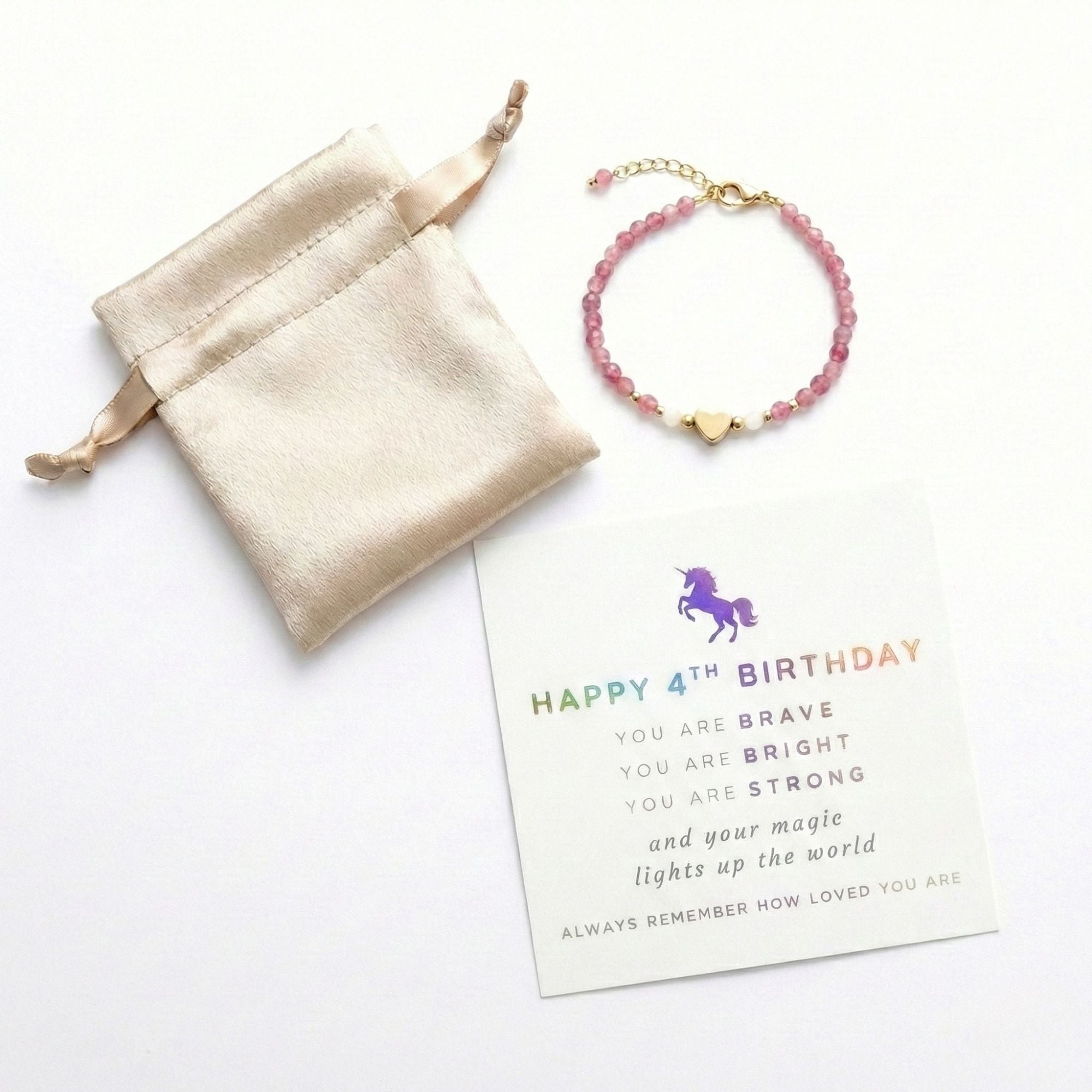 Heart Charm Girls Bracelet Birthday Gift with Box and Card, Pink Tourmaline and Moonstone Beaded with Gold Heart Charm