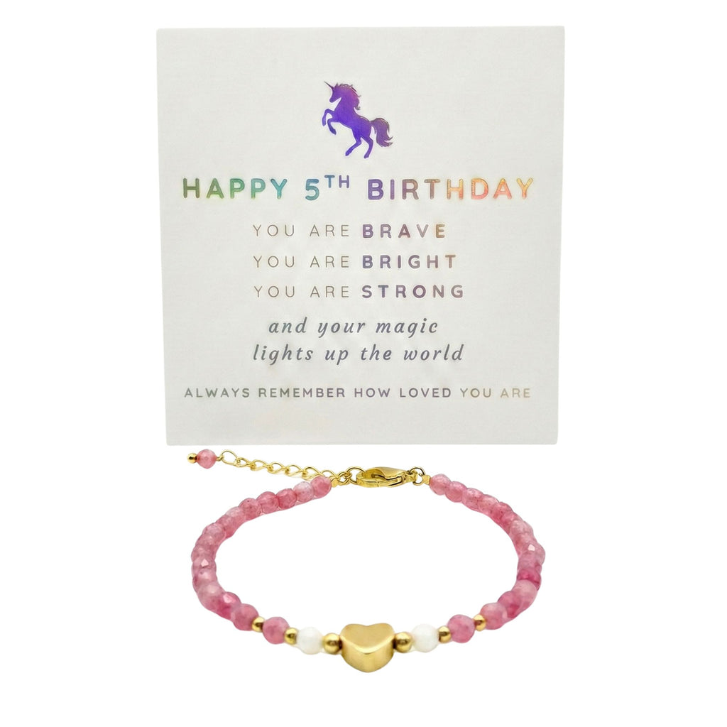 Heart Charm Girls Bracelet Birthday Gift with Box and Card, Pink Tourmaline and Moonstone Beaded with Gold Heart Charm