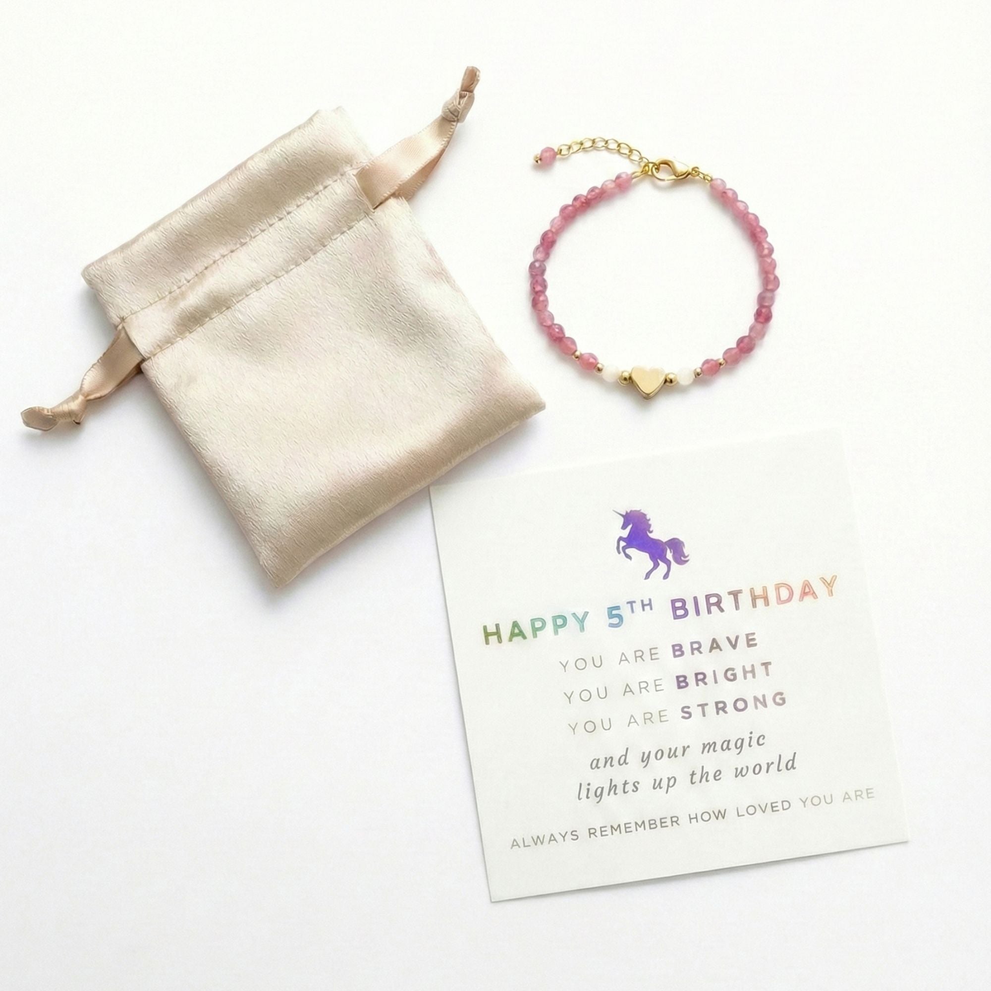 Heart Charm Girls Bracelet Birthday Gift with Box and Card, Pink Tourmaline and Moonstone Beaded with Gold Heart Charm