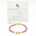 Heart Charm Girls Bracelet Birthday Gift with Box and Card, Pink Tourmaline and Moonstone Beaded with Gold Heart Charm