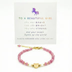 Heart Charm Girls Bracelet Birthday Gift with Box and Card, Pink Tourmaline and Moonstone Beaded with Gold Heart Charm
