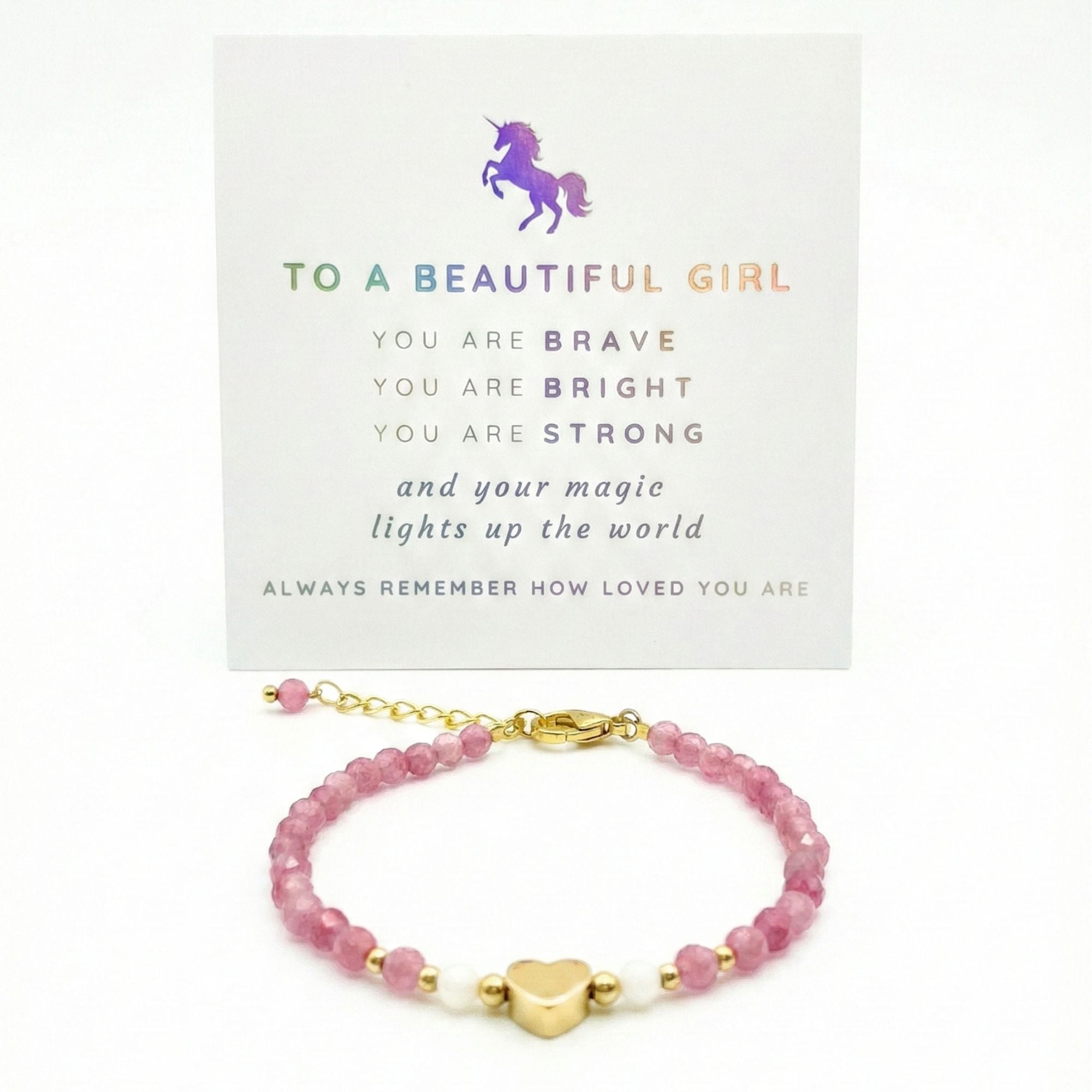 Heart Charm Girls Bracelet Birthday Gift with Box and Card, Pink Tourmaline and Moonstone Beaded with Gold Heart Charm