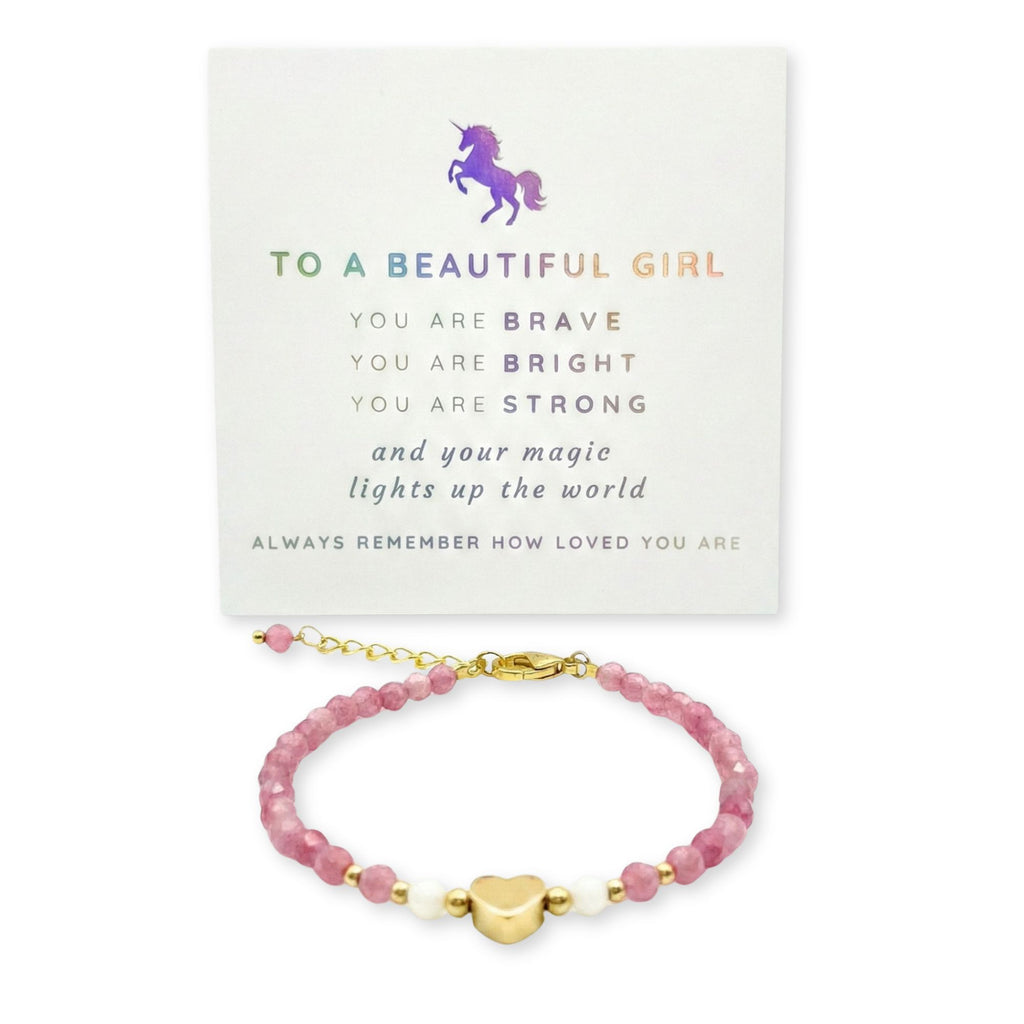 Heart Charm Girls Bracelet Birthday Gift with Box and Card, Pink Tourmaline and Moonstone Beaded with Gold Heart Charm