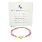 Heart Charm Girls Bracelet Birthday Gift with Box and Card, Pink Tourmaline and Moonstone Beaded with Gold Heart Charm