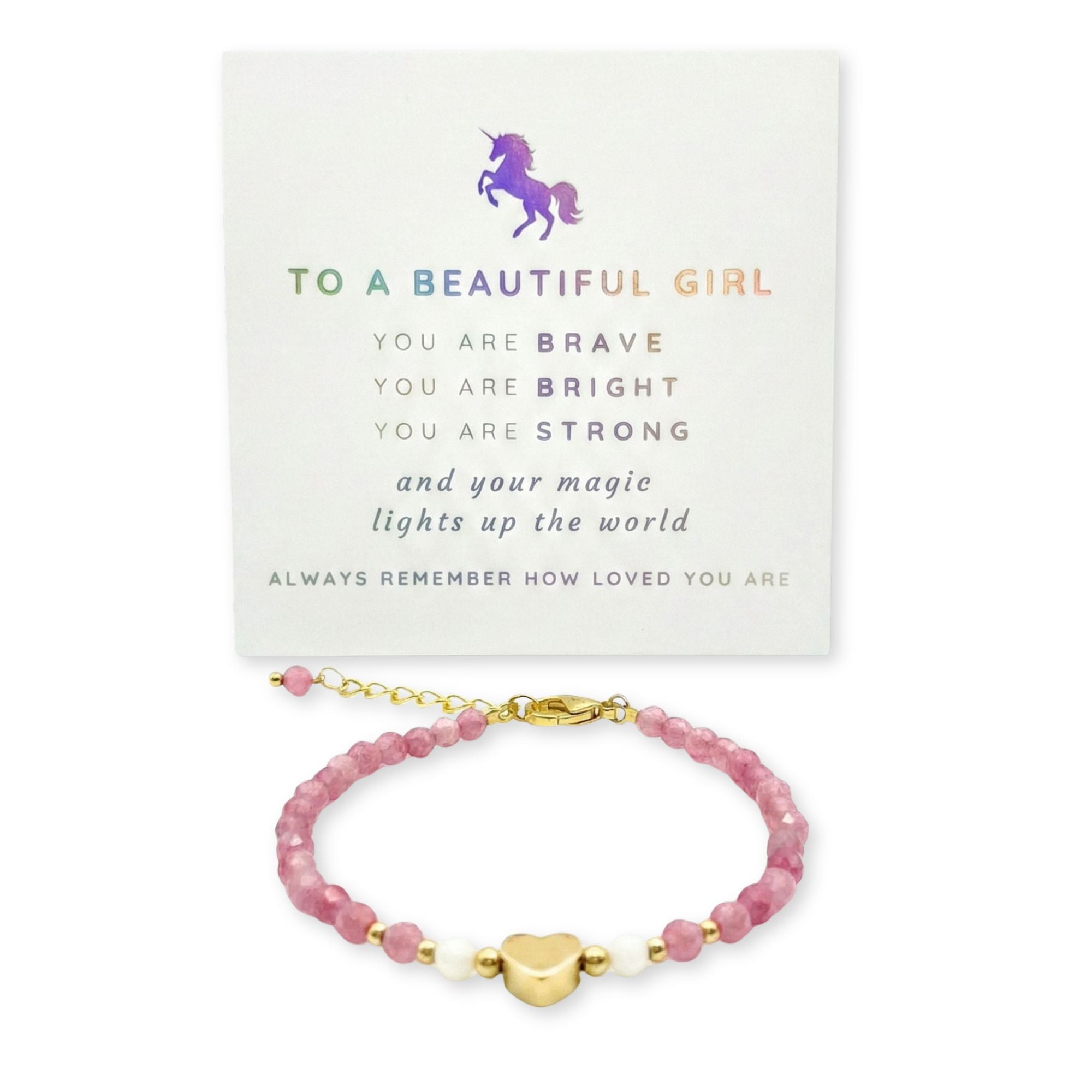 Heart Charm Girls Bracelet Birthday Gift with Box and Card, Pink Tourmaline and Moonstone Beaded with Gold Heart Charm