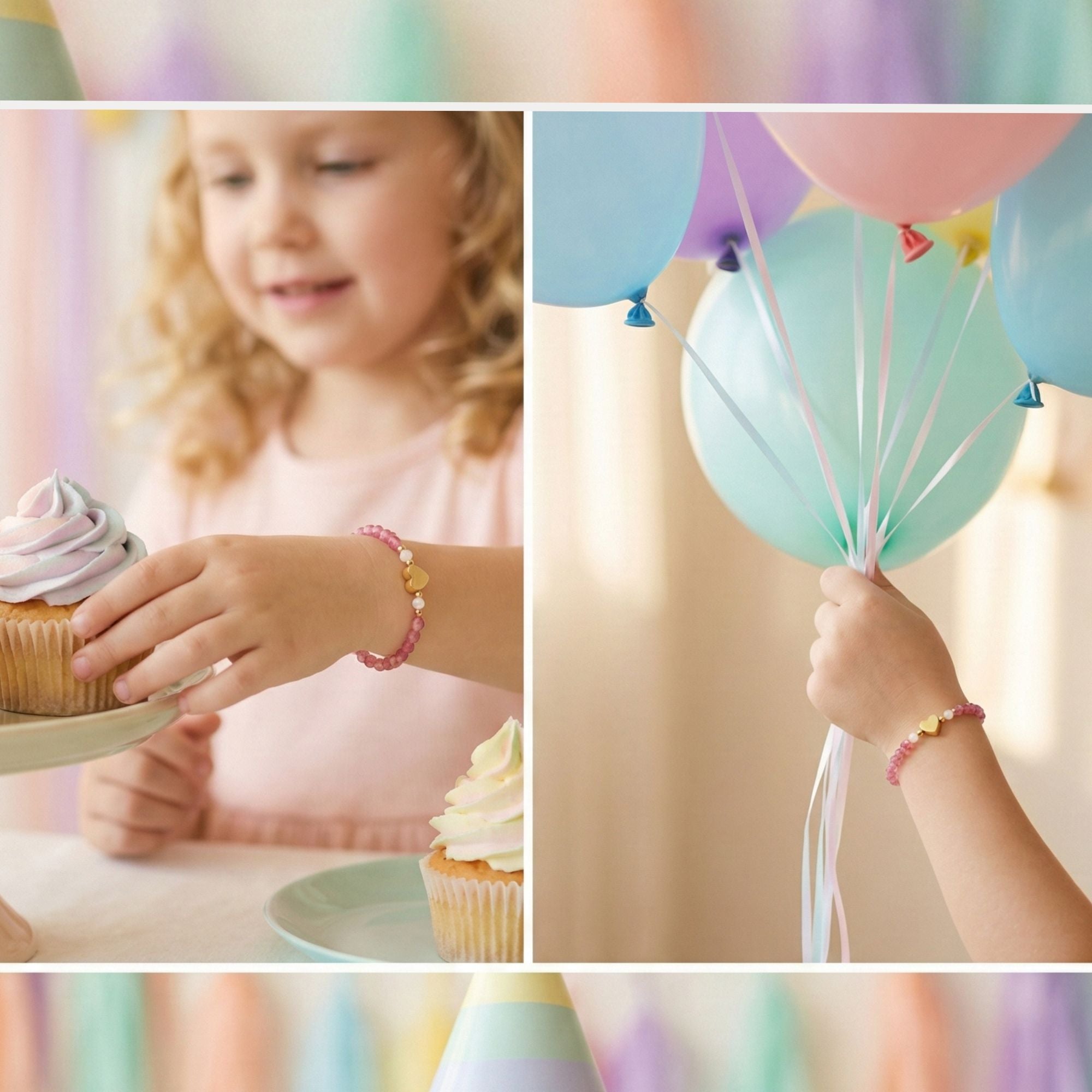 Heart Charm Girls Bracelet Birthday Gift with Box and Card, Pink Tourmaline and Moonstone Beaded with Gold Heart Charm