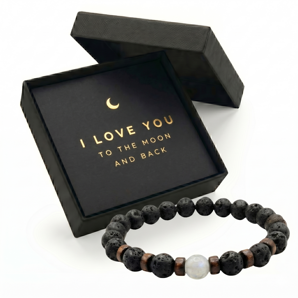 Father's Day Mens Lava Stone Bead Bracelet Gift Box with Card, "Love You to The Moon and Back"