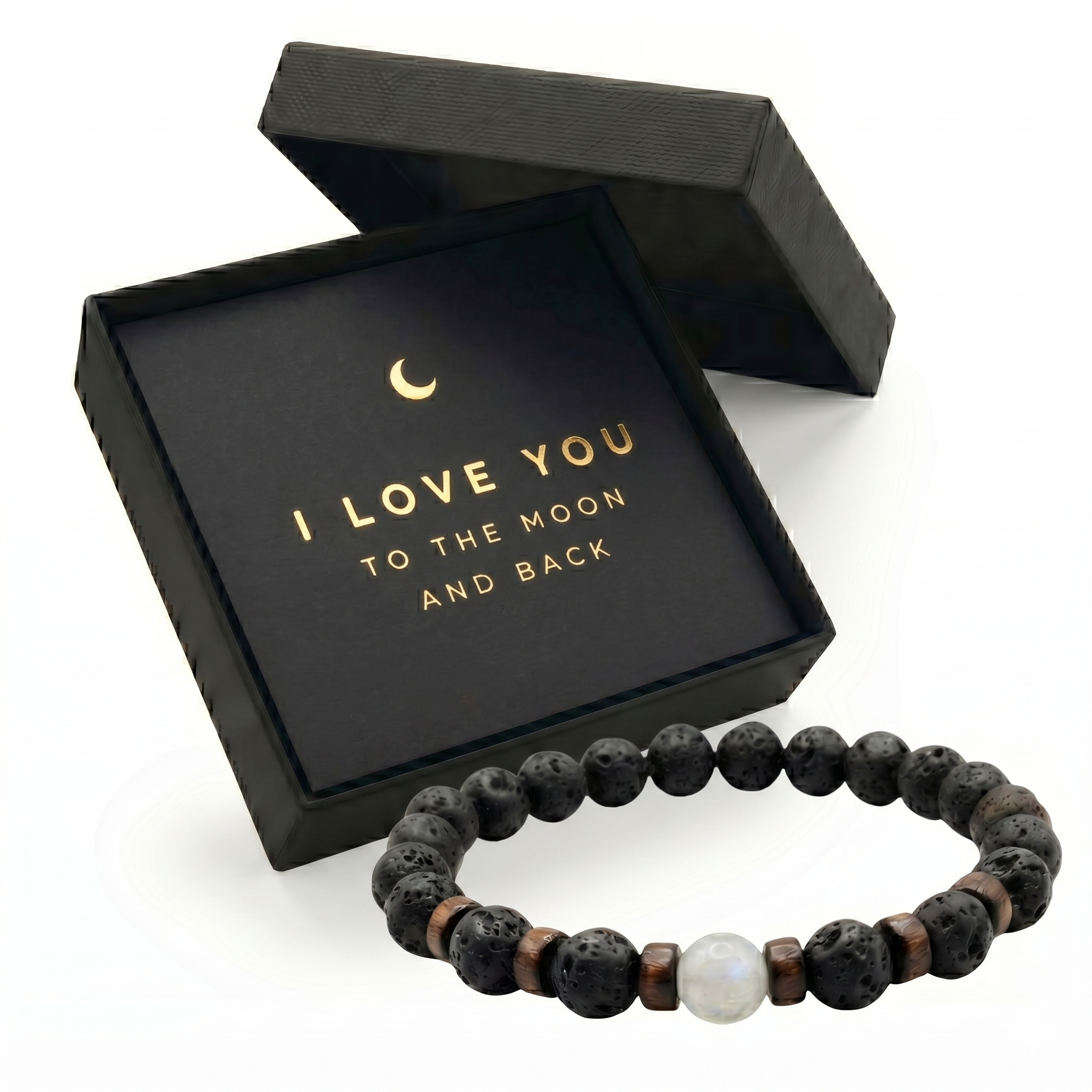 Father's Day Mens Lava Stone Bead Bracelet Gift Box with Card, "Love You to The Moon and Back"