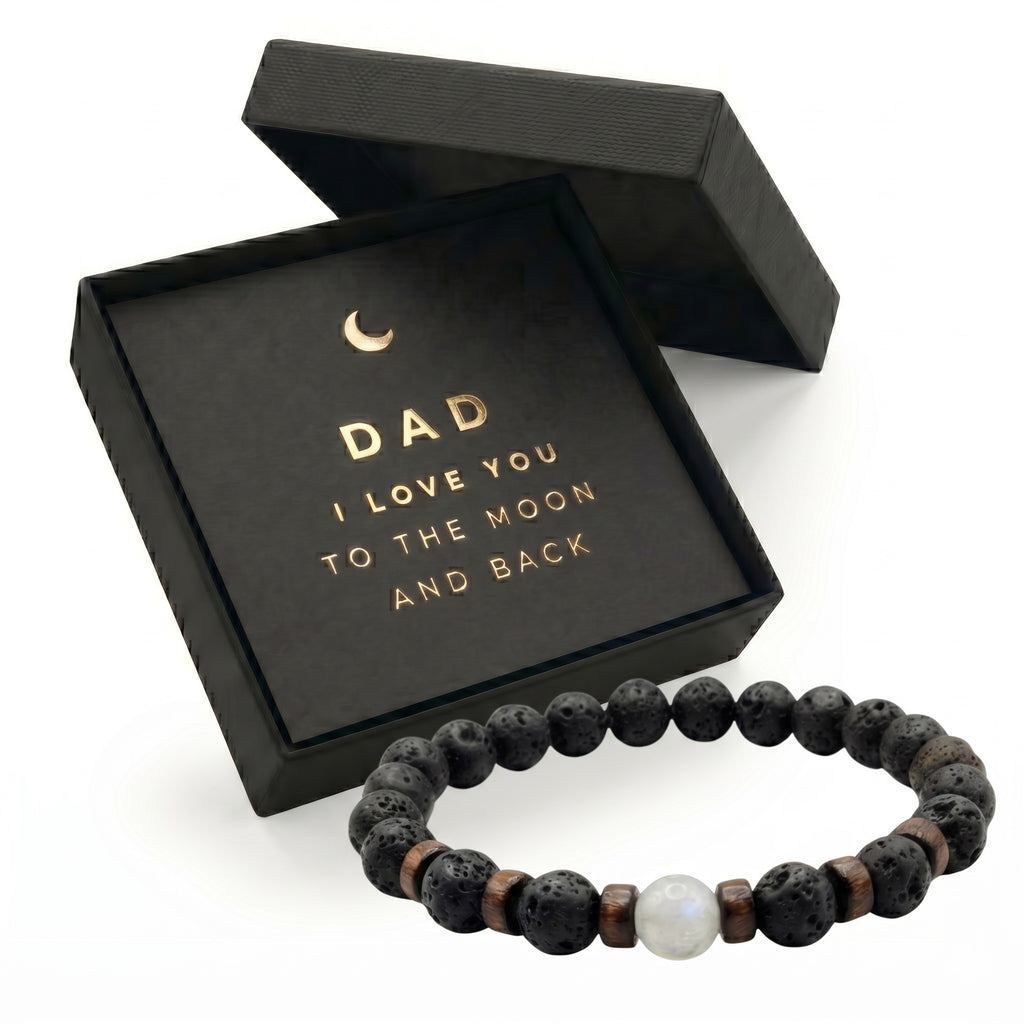 Father's Day Mens Lava Stone Bead Bracelet Gift Box with Card, "Love You to The Moon and Back"