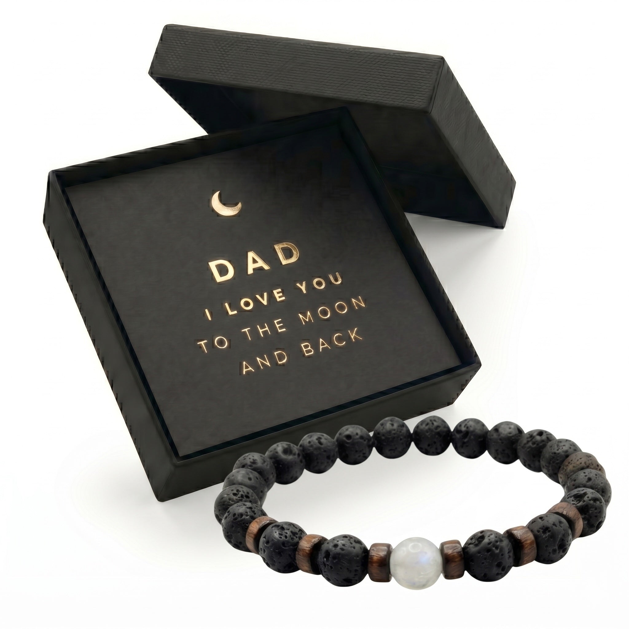 Father's Day Mens Lava Stone Bead Bracelet Gift Box with Card, "Love You to The Moon and Back"