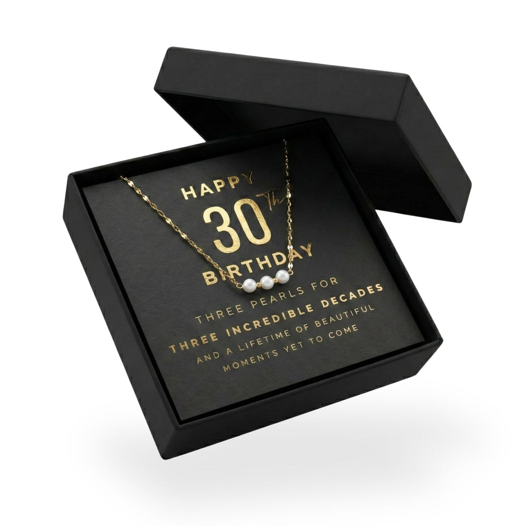 30th Birthday Pearl Necklace Gift Box with Card - Gift for Her - Gold Plated Stainless Steel Chain