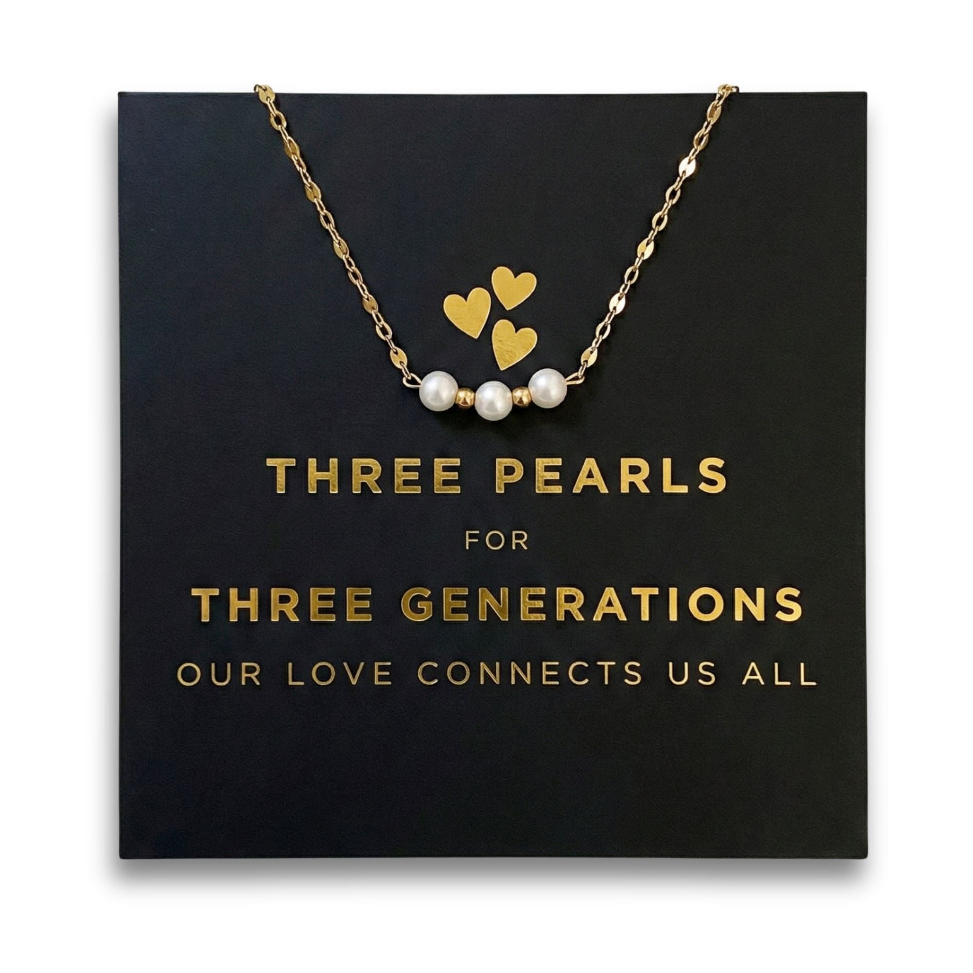 Gold Three Generations Necklace with Card and Gift Box, 3 Freshwater Pearls with Gold Plated Chain