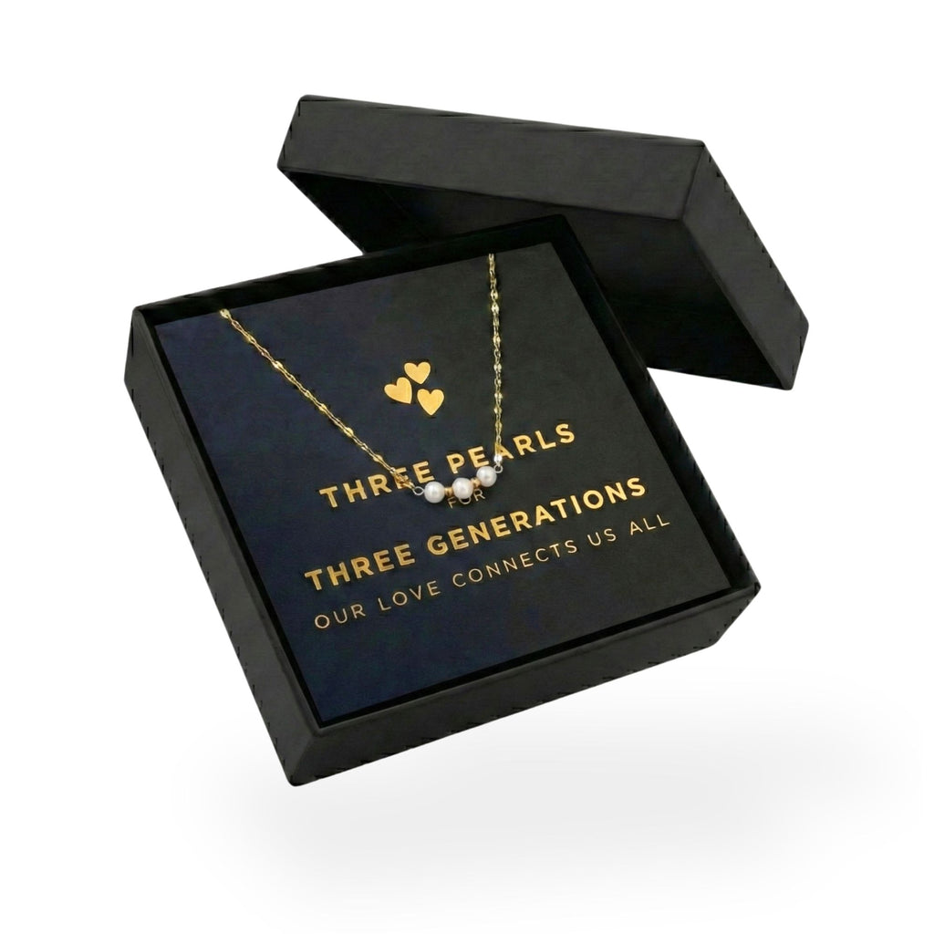 Gold Three Generations Necklace with Card and Gift Box, 3 Freshwater Pearls with Gold Plated Chain