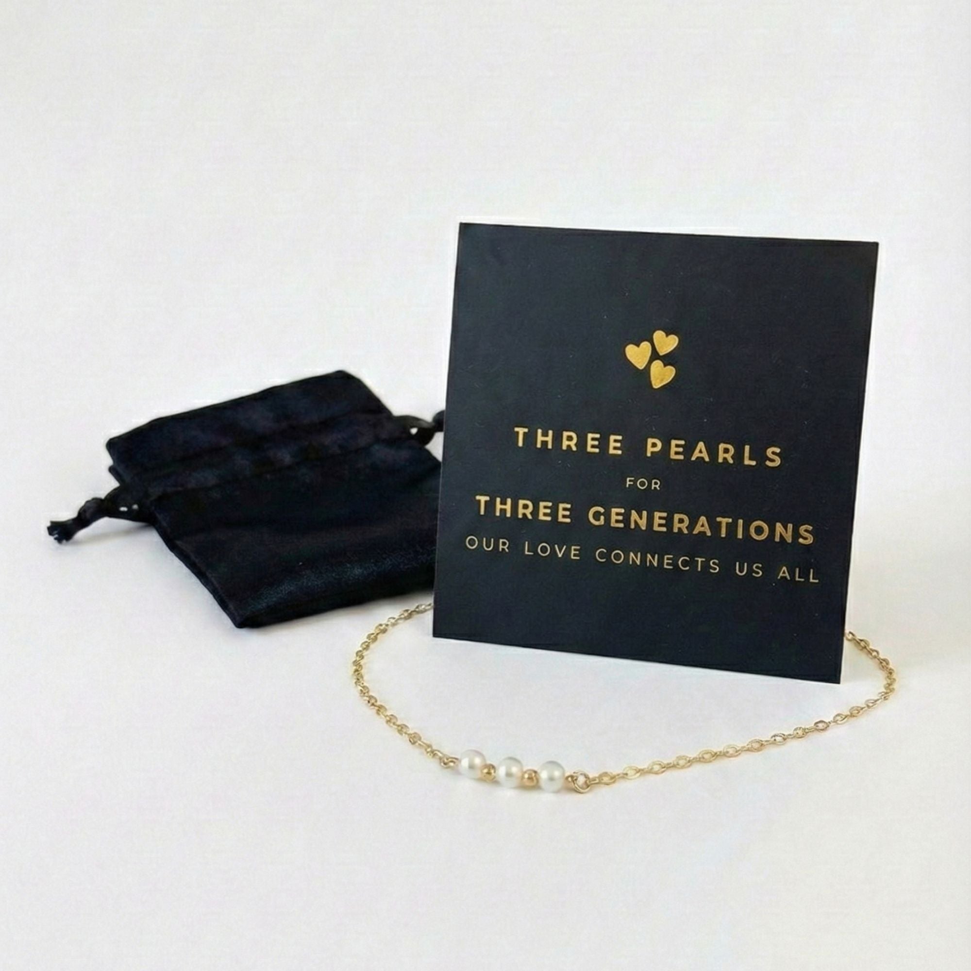 Gold Three Generations Necklace with Card and Gift Box, 3 Freshwater Pearls with Gold Plated Chain