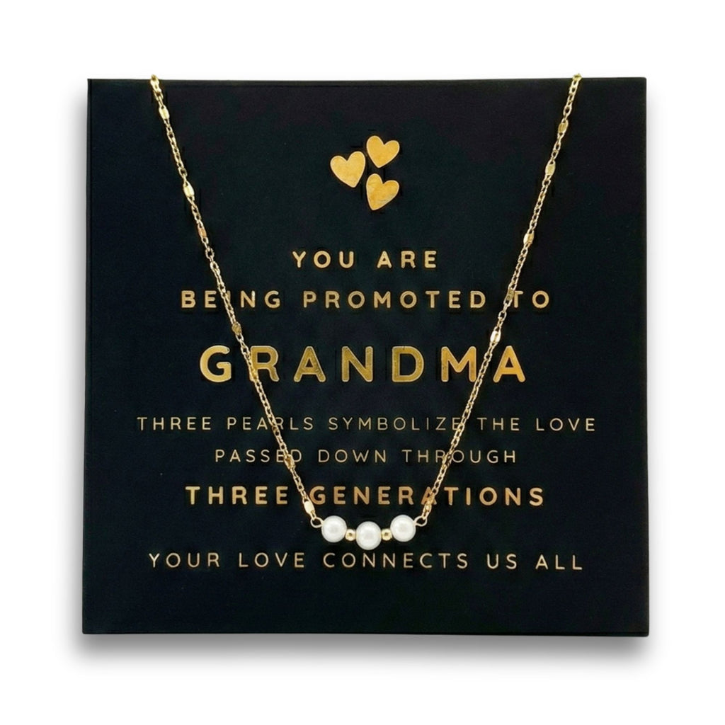 Promoted to Grandma -Gold Three Generations Necklace with Card and Gift Box, 3 Freshwater Pearls with Gold Plated Chain