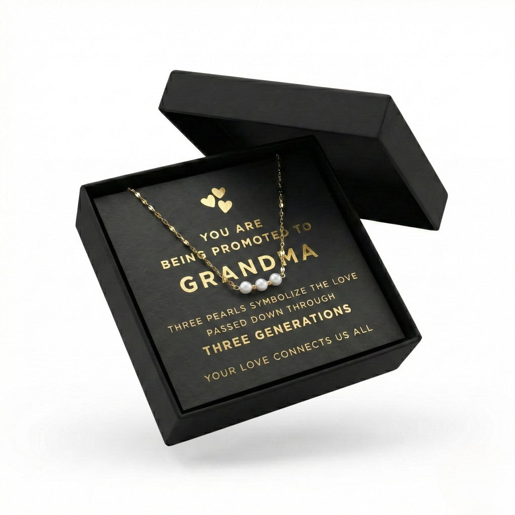 Promoted to Grandma -Gold Three Generations Necklace with Card and Gift Box, 3 Freshwater Pearls with Gold Plated Chain