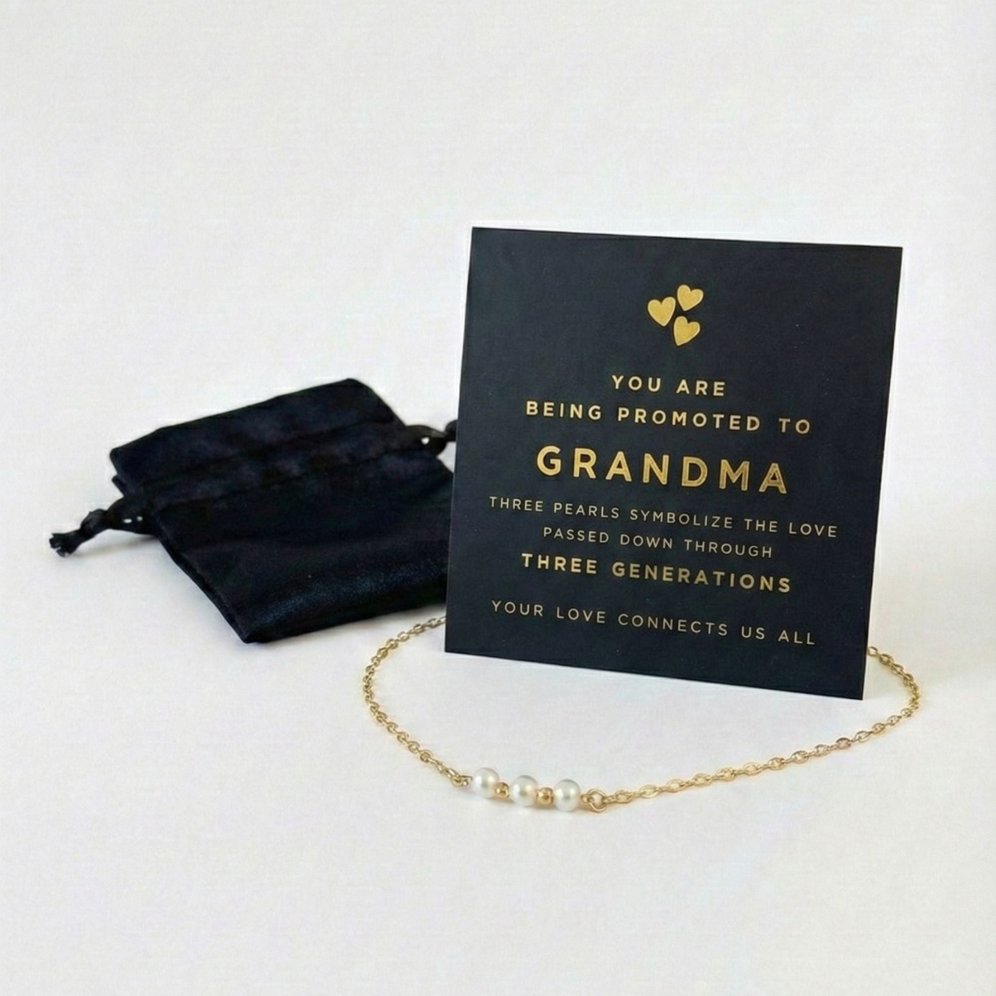 Promoted to Grandma -Gold Three Generations Necklace with Card and Gift Box, 3 Freshwater Pearls with Gold Plated Chain