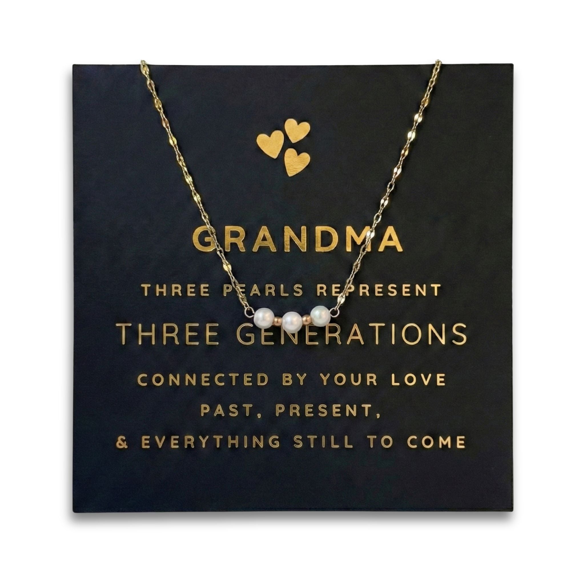 For Grandma - Gold Three Generations Necklace with Card and Gift Box, 3 Freshwater Pearls with Gold Plated Chain