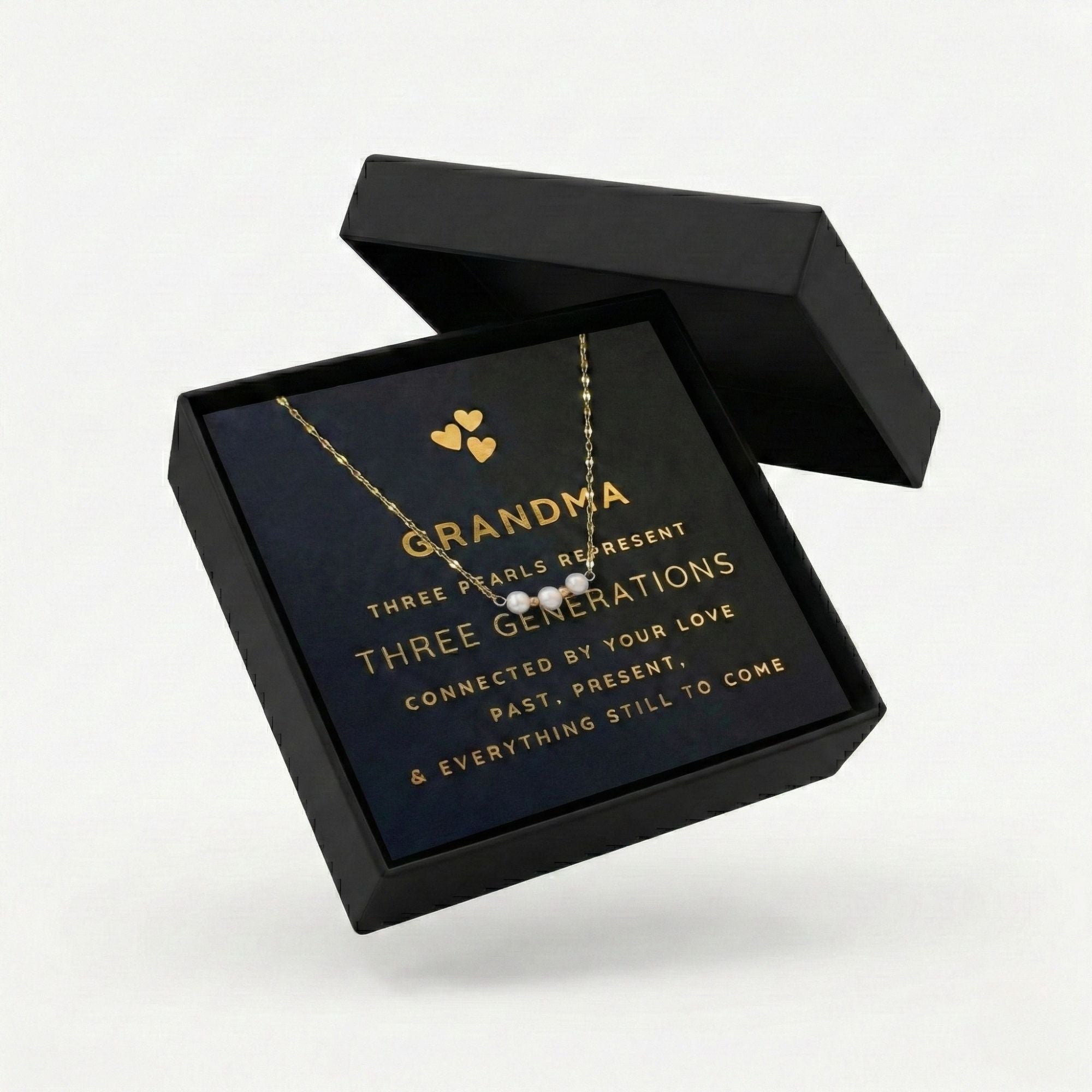 For Grandma - Gold Three Generations Necklace with Card and Gift Box, 3 Freshwater Pearls with Gold Plated Chain