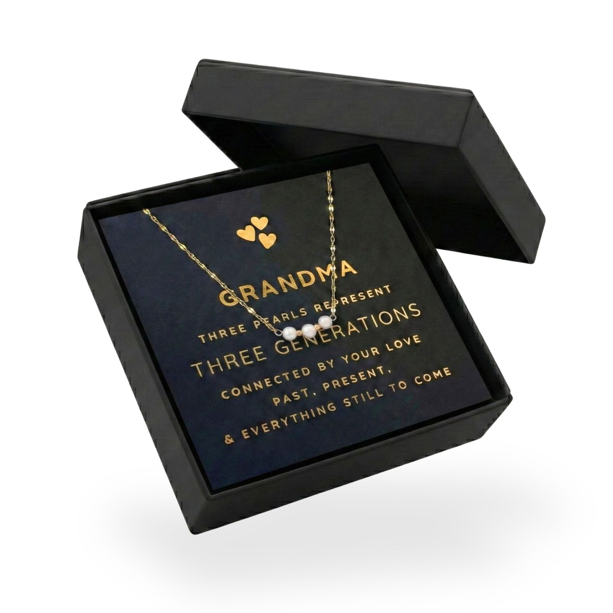 For Grandma - Gold Three Generations Necklace with Card and Gift Box, 3 Freshwater Pearls with Gold Plated Chain
